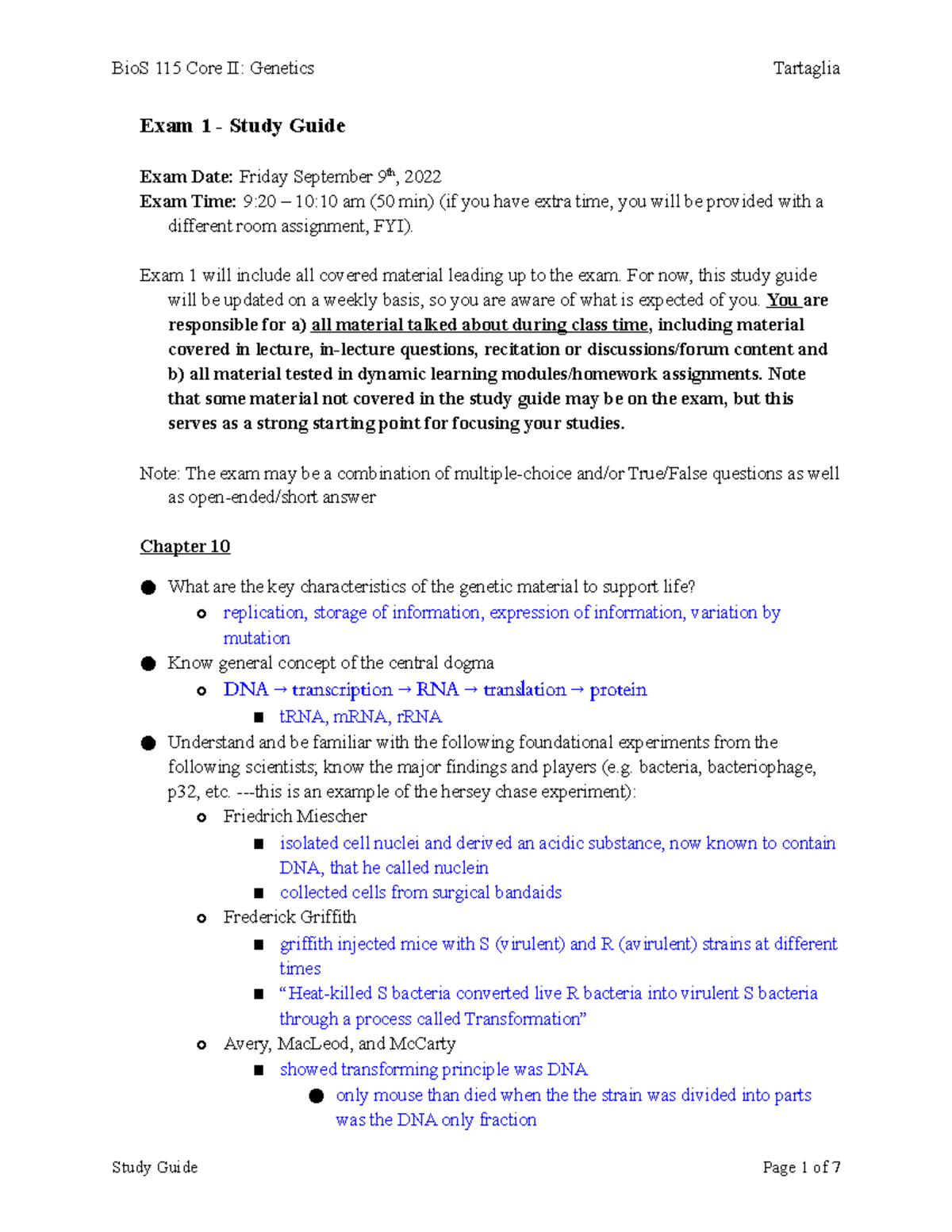 Bio S115 Study Guide Exam1 Fall22 Updated 02Sep22 - Exam 1 - Study ...