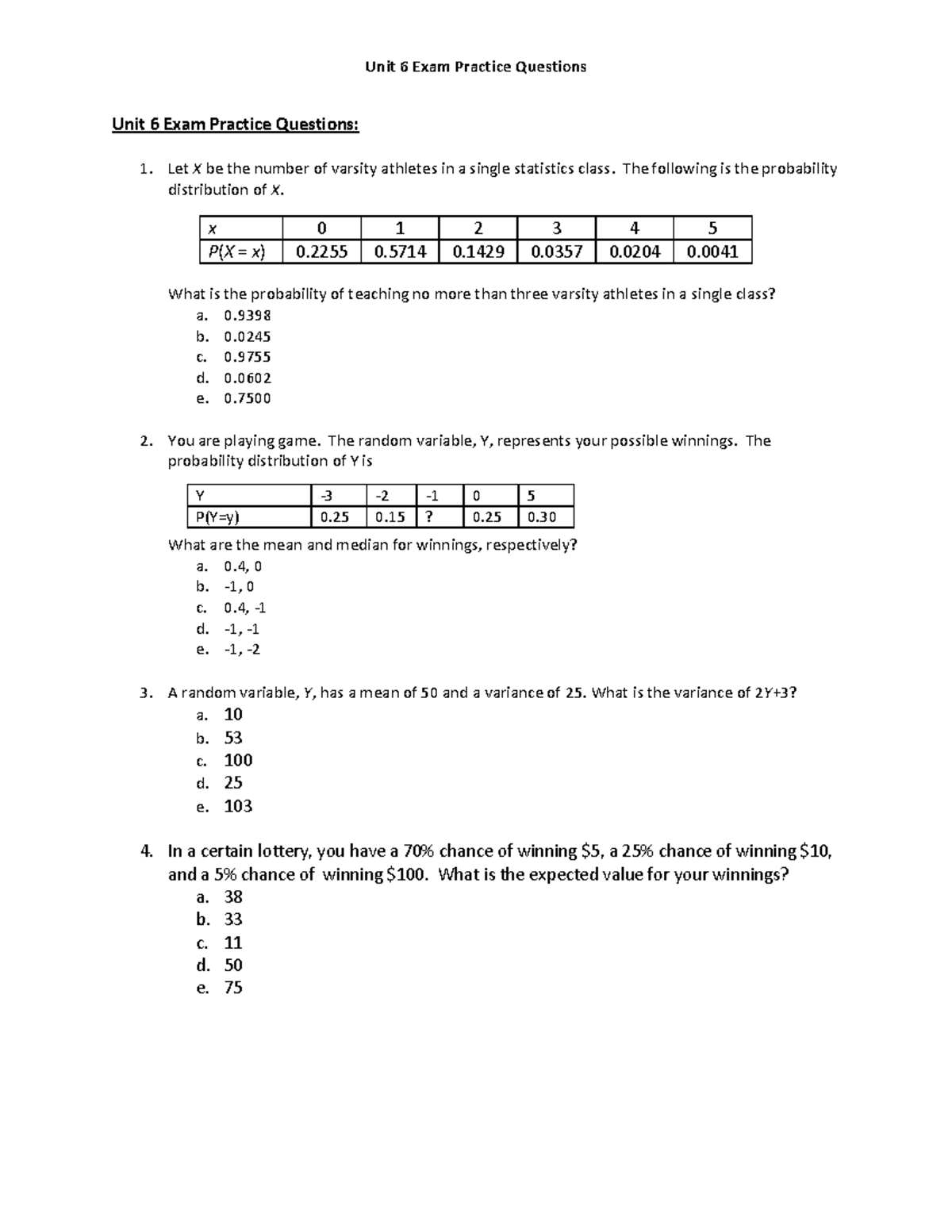 Unit6 Exam Practice Questions New Unit 6 Exam Practice Questions Unit 