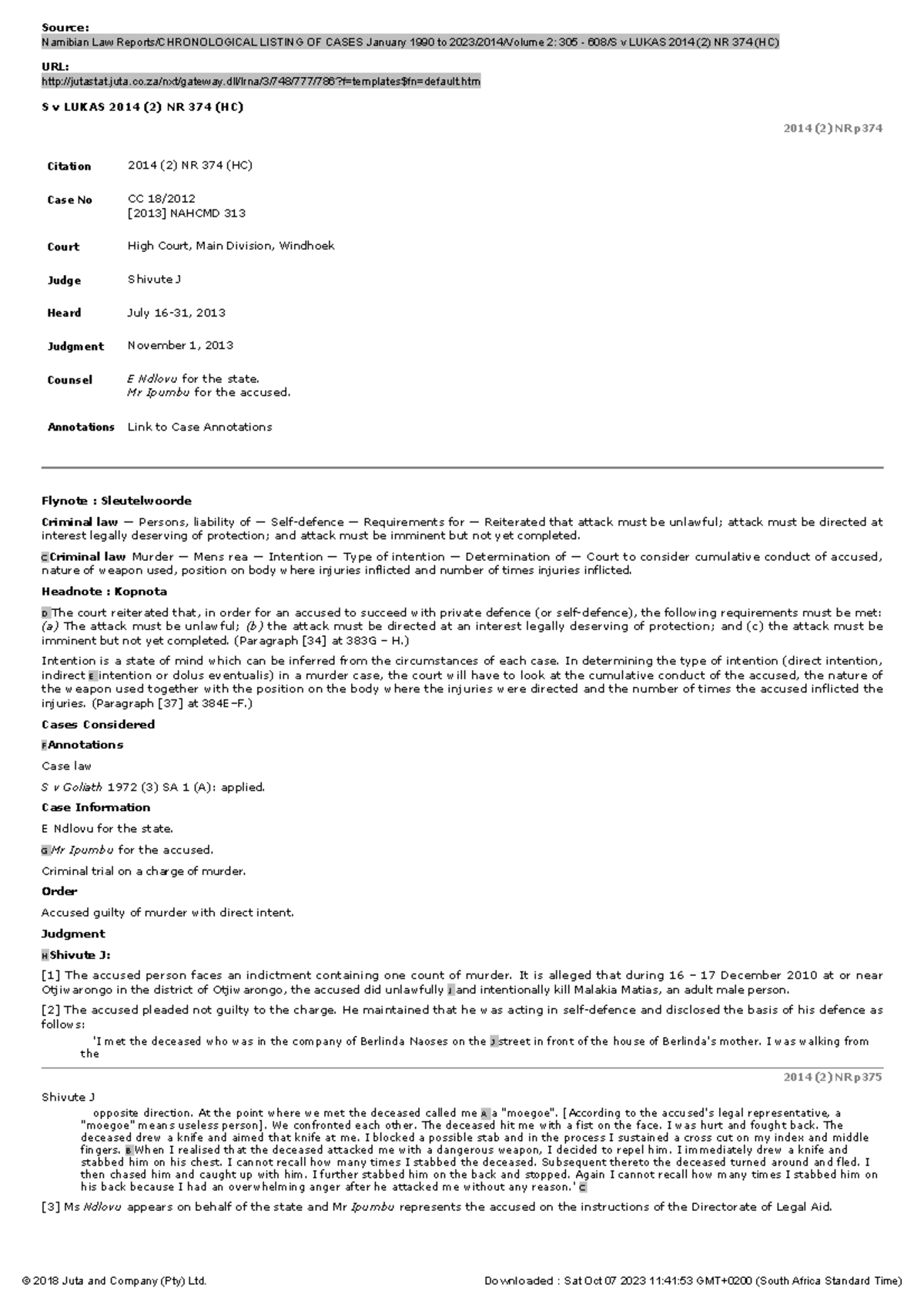 S v Lukas 2014 (2) NR 374 (HC) - Source: Namibian Law Reports ...