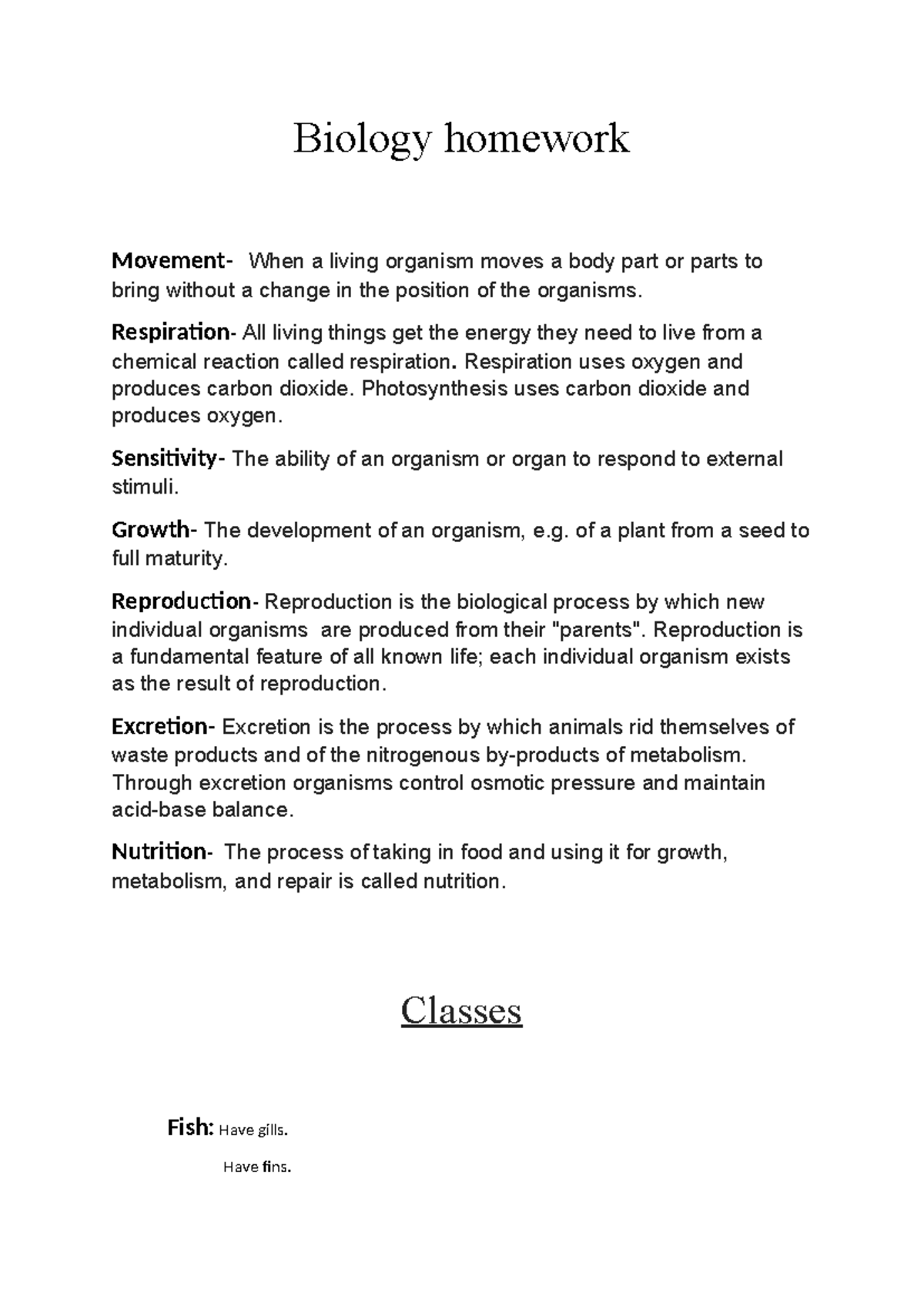 Biology homework - definitions - Biology homework Movement- When a ...