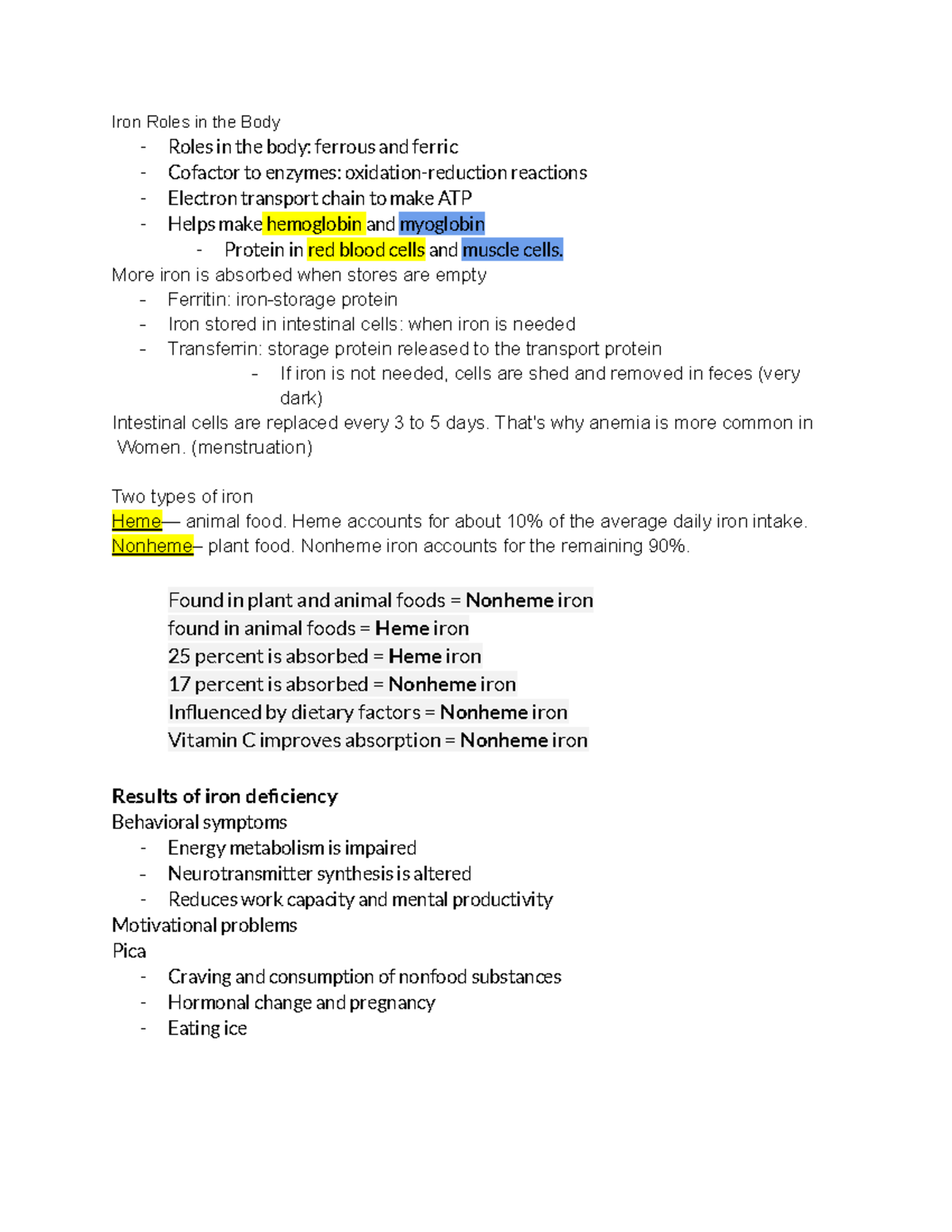 HUN 2201. Ch 13. Trace Minerals Iron Roles in the Body Roles in the