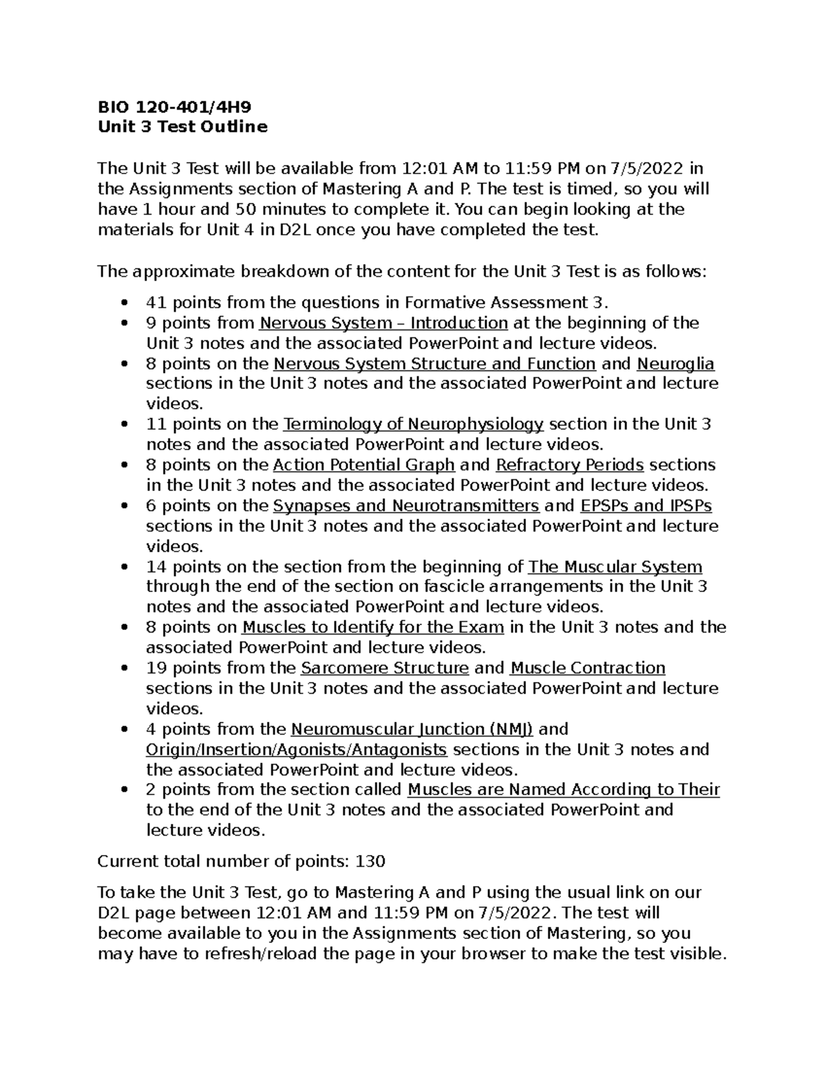 Unit 3 Test Outline - BIO 120-401/4H Unit 3 Test Outline The Unit 3 ...