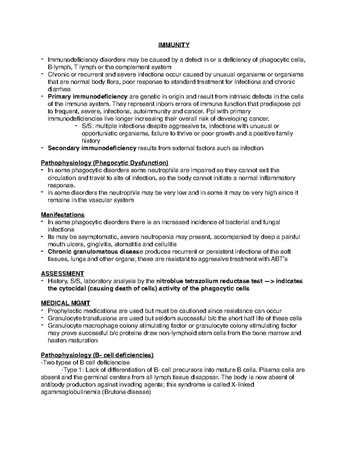 Immunity - Notes - IMMUNITY - Immunodeficiency disorders may be caused ...