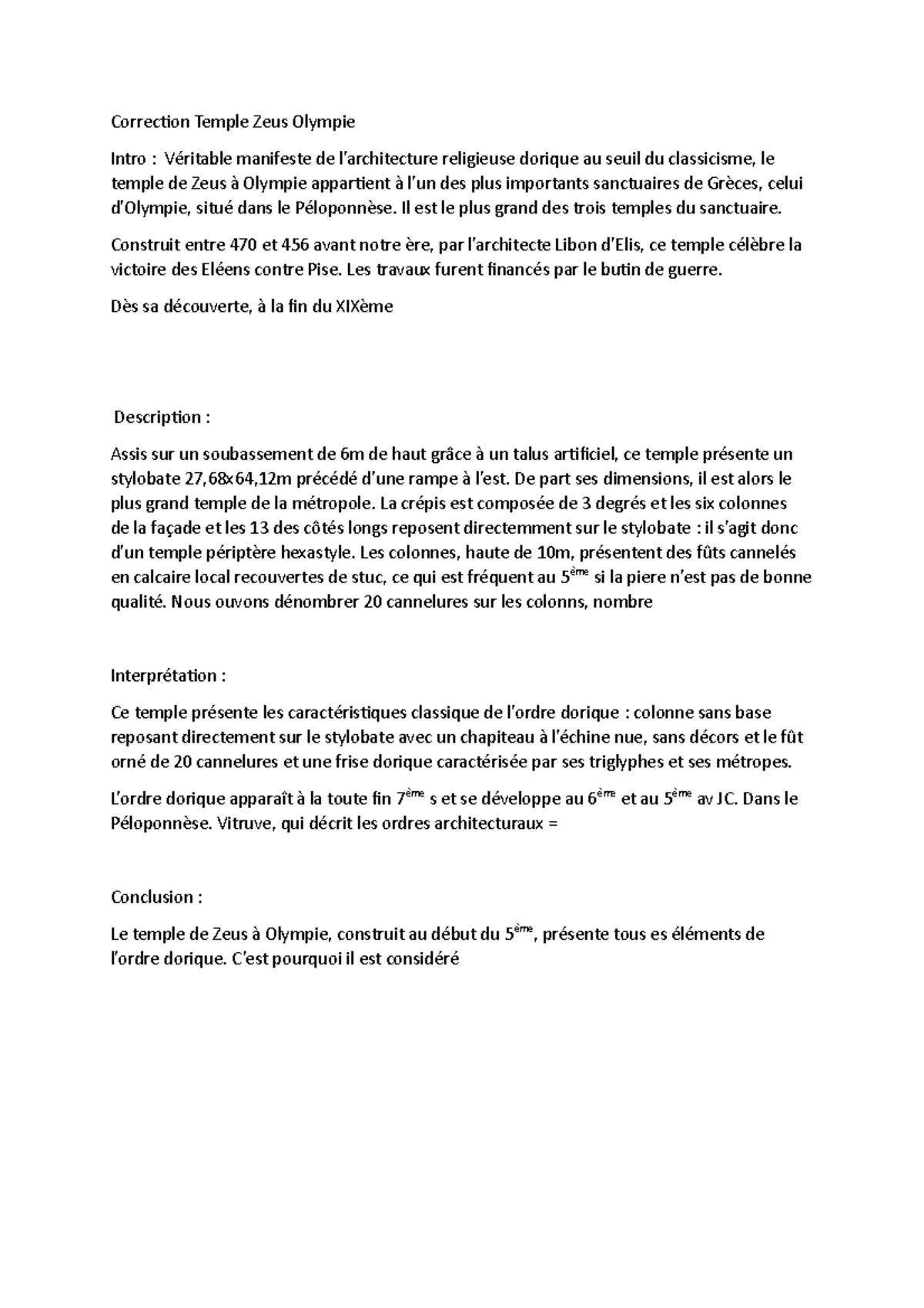 Correction Temple Zeus Olympie Il est le plus grand des trois temples