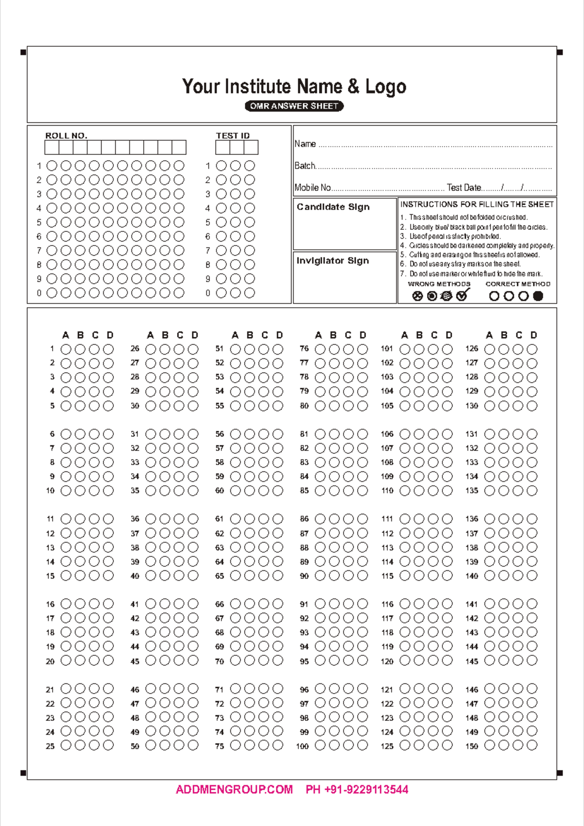 150 Questions OMR Sheet - ROLL NO. INSTRUCTIONS FOR FILLING THE SHEET ...