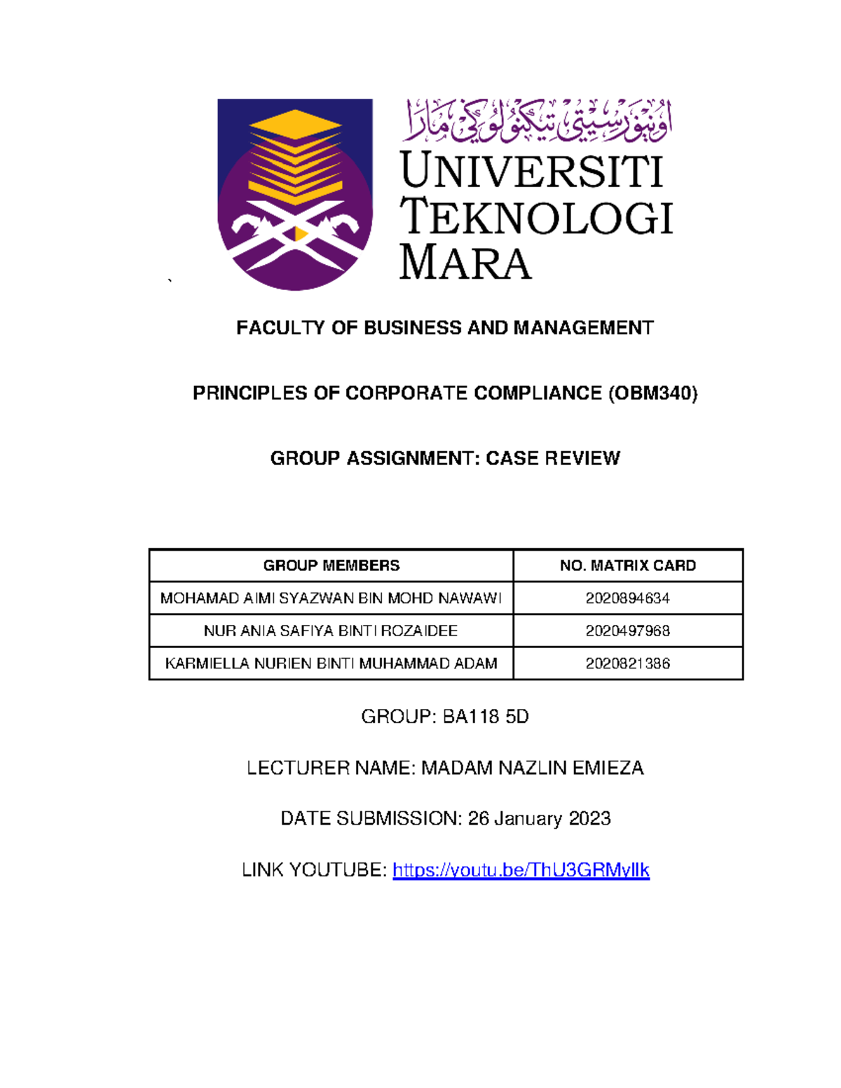 OBM340 Report Group Assignment - ` FACULTY OF BUSINESS AND MANAGEMENT ...