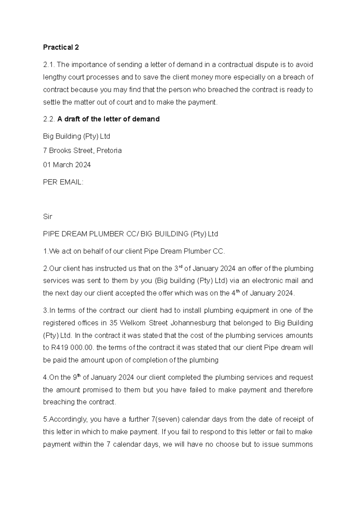 Civil activity - Practical 2 2. The importance of sending a letter of ...