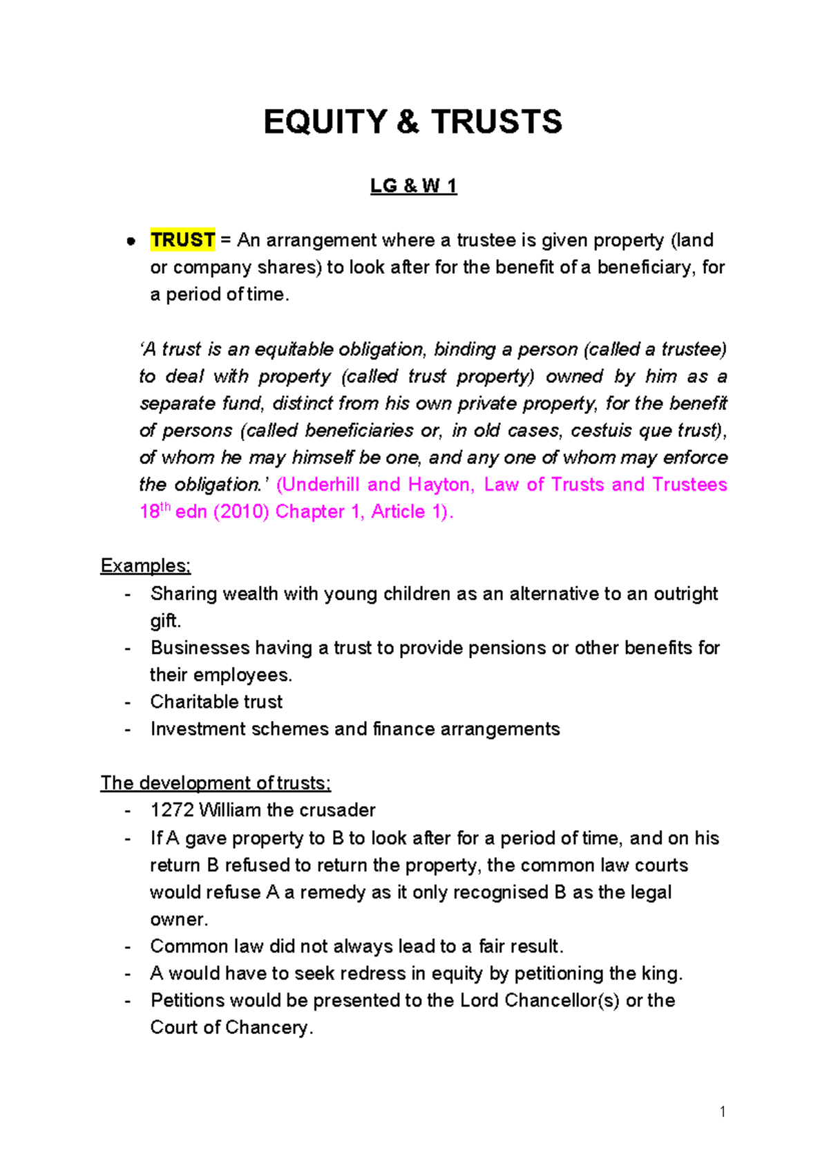 Equity And Trusts - Lecture Notes 1-10 LLB - EQUITY & TRUSTS LG & W 1 ...