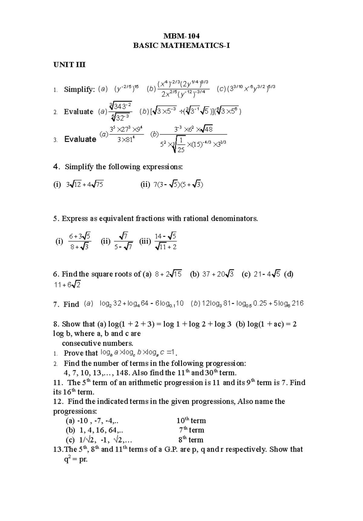 Mbm104 Assignment 2 - MBM- BASIC MATHEMATICS-I UNIT III Simplify: 2 ...