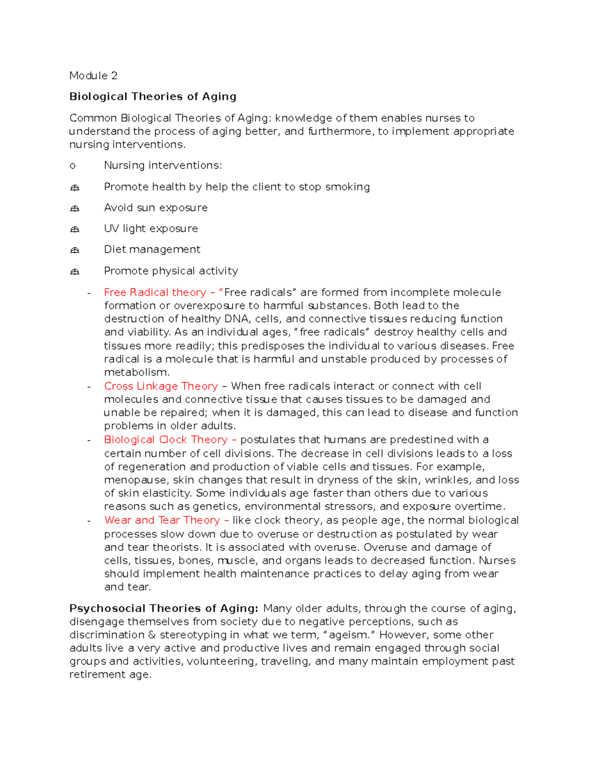 Ch 2 Nursing Theories of Aging Notes - Module 2 Biological Theories of ...