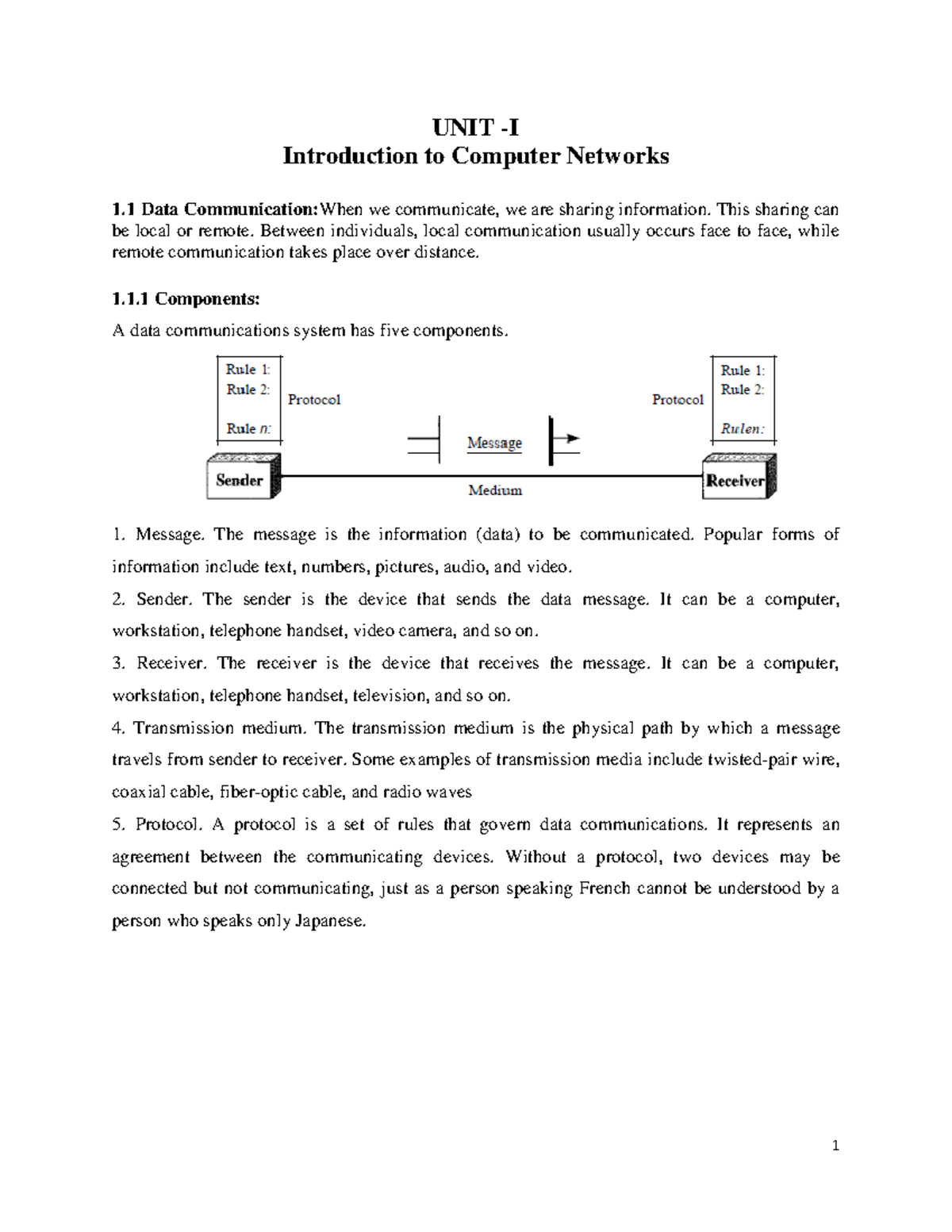 Computer network - UNIT -I Introduction to Computer Networks 1 Data ...