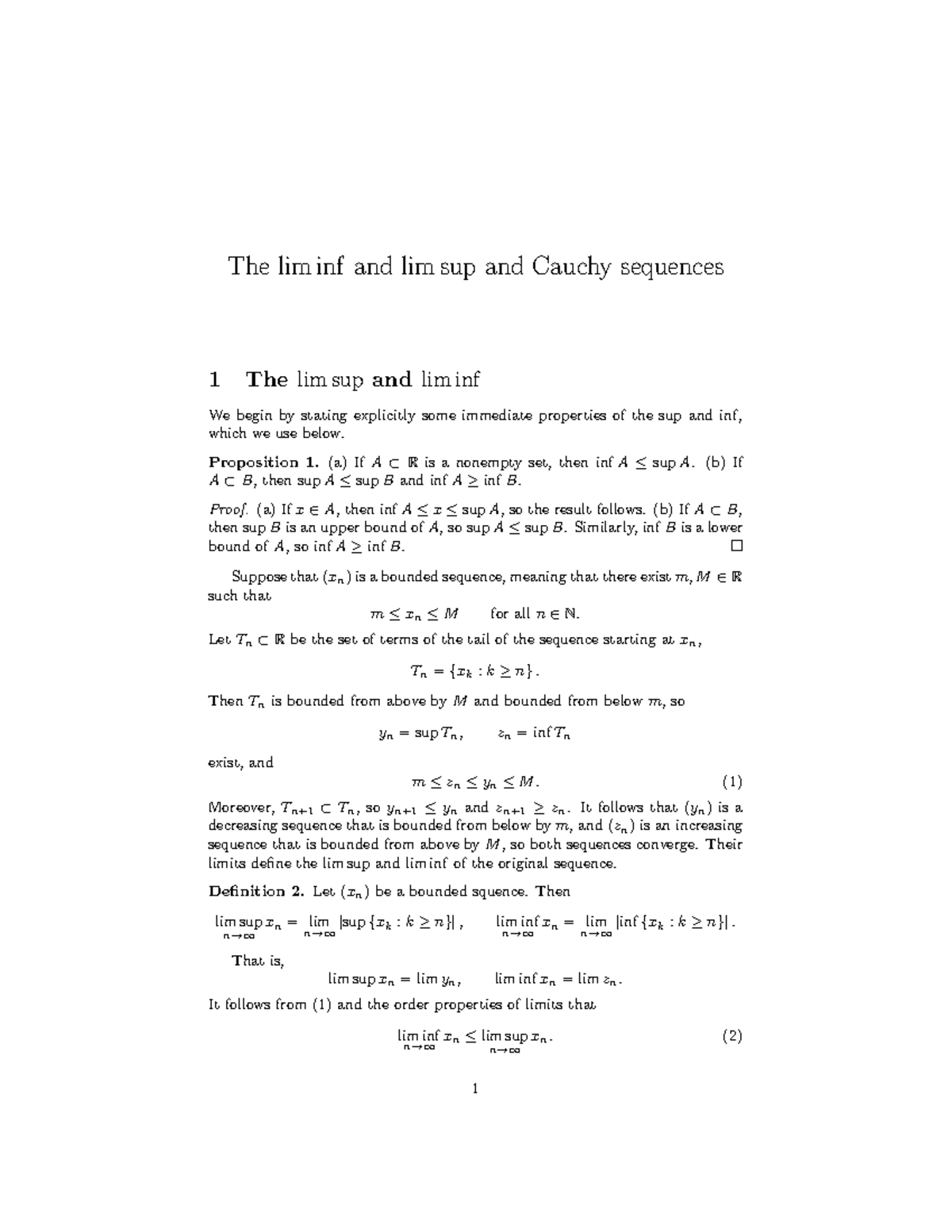 Limsup Liminf - Summary - The Lim Inf And Lim Sup And Cauchy Sequences ...