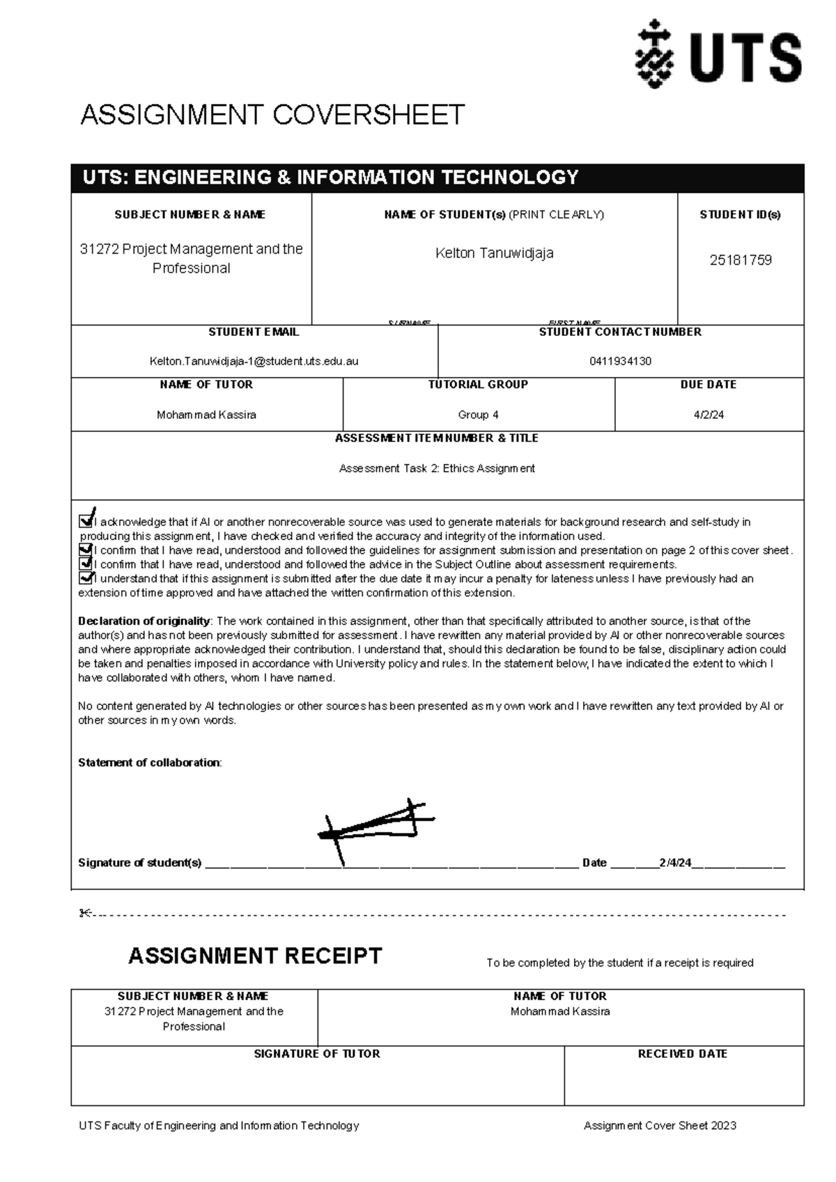 Kelton Tanuwidjaja Ethics Report - ASSIGNMENT COVERSHEET UTS ...