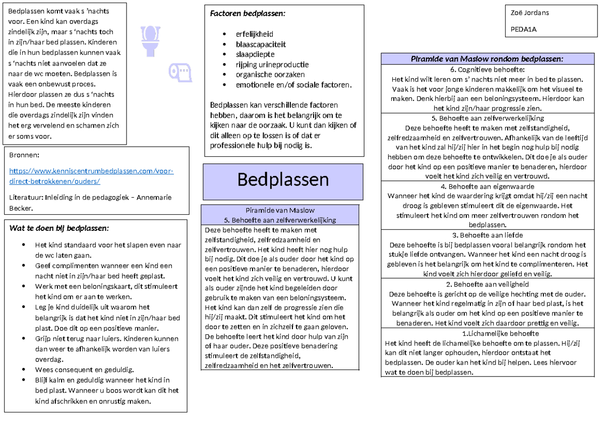 Voorbereiding les 5 pedagogiek - Bedplassen Bedplassen komt vaak s