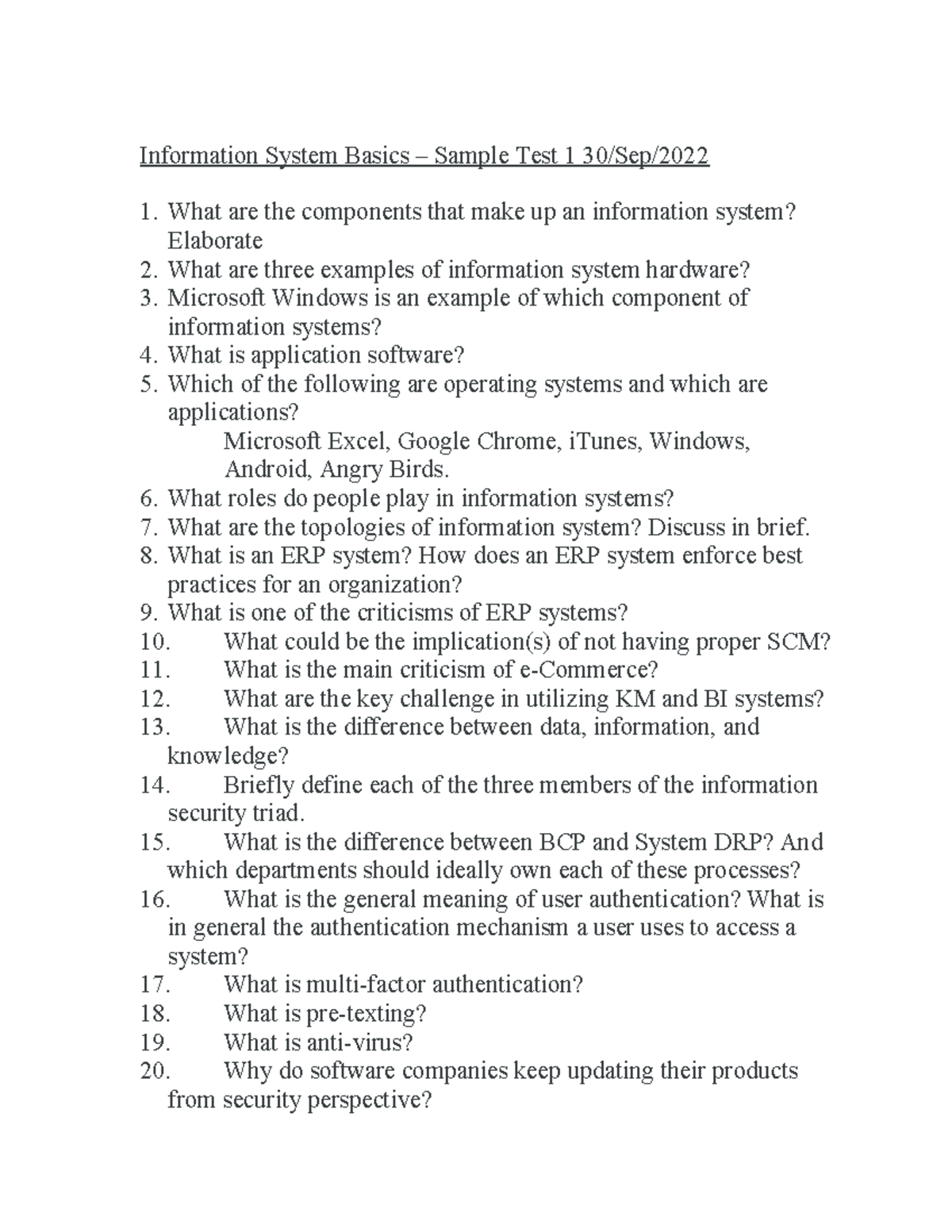 Q1.2 IT App in Business - Information System Basics – Sample Test 1 30 ...