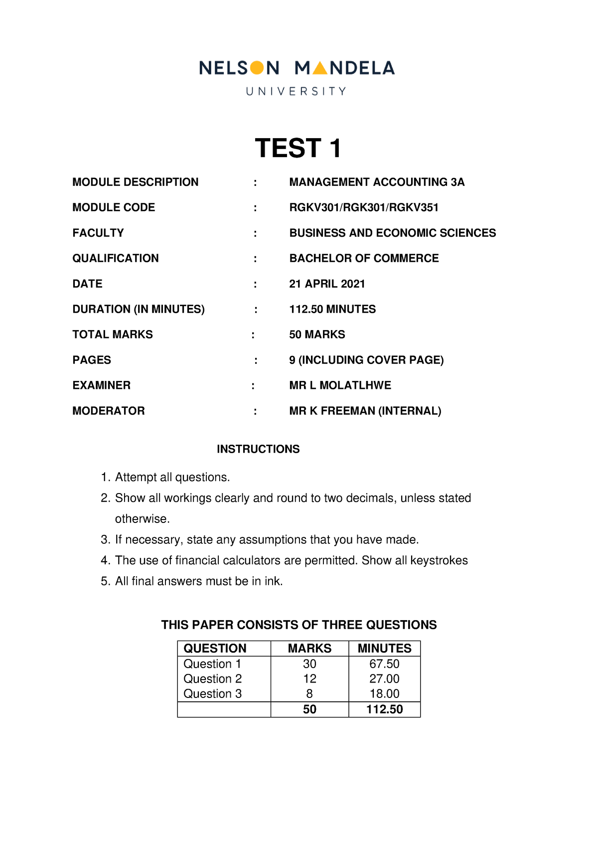 RGK301 Test 1 - TEST 1 MODULE DESCRIPTION : MANAGEMENT ACCOUNTING 3A ...