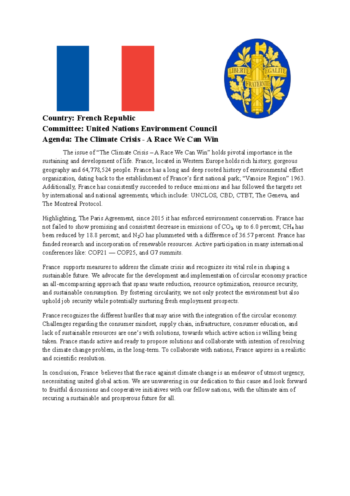 Unep-france pos-paper - Country: French Republic Committee: United ...