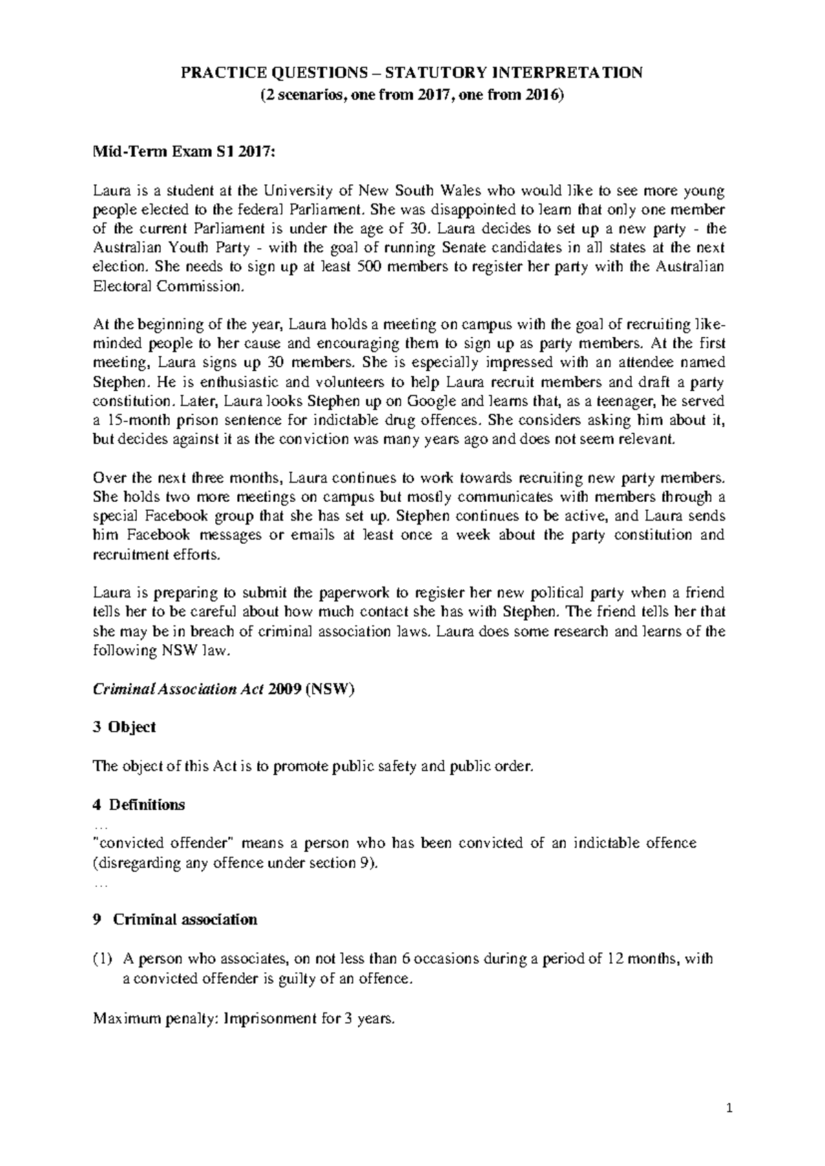 Practice Questions Statutory Interpretation PPL T3 2022 PRACTICE