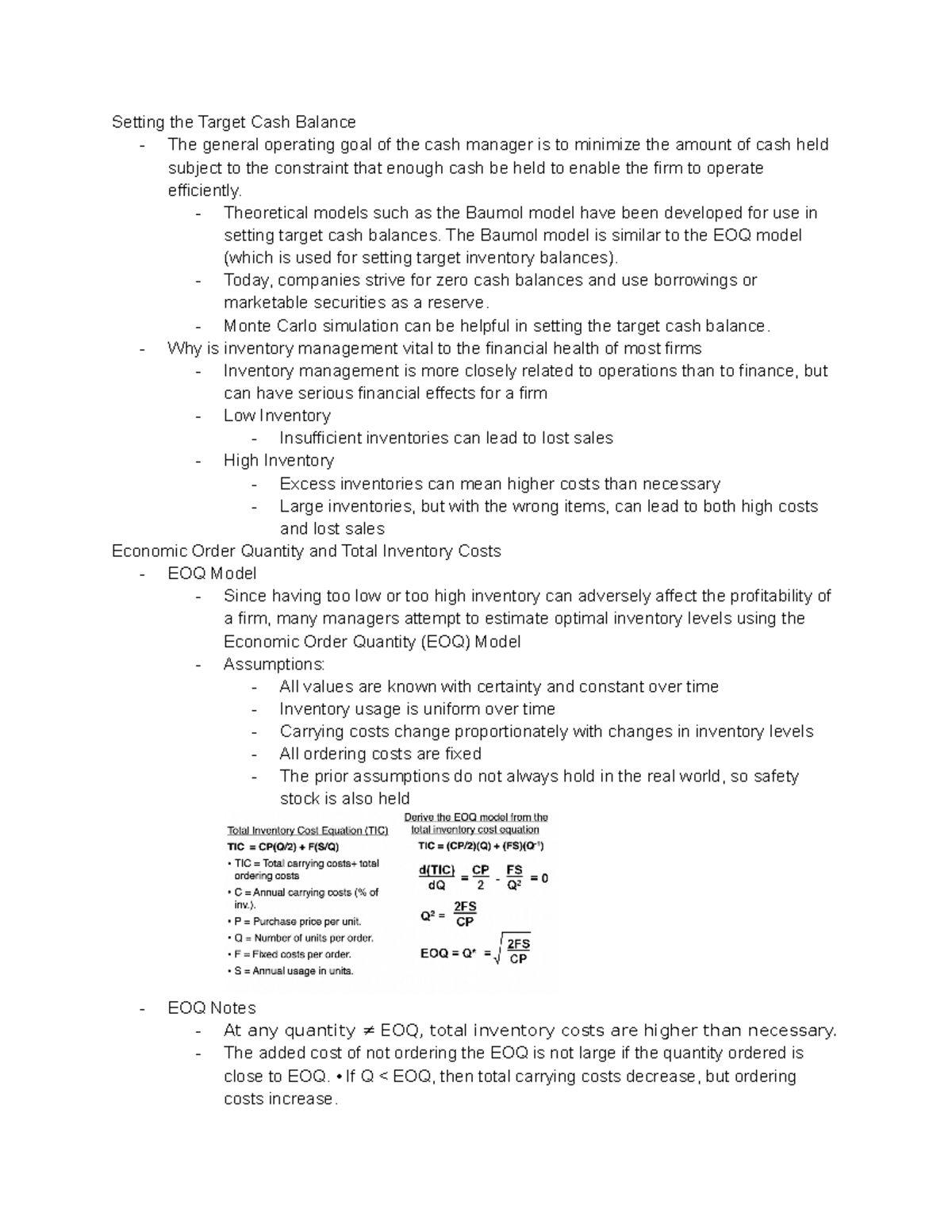 Chapter 23 Notes - Setting the Target Cash Balance - The general ...
