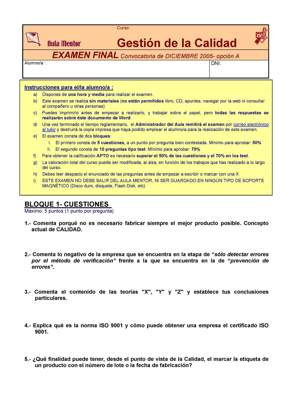 1 Modelo Examen Calidad Ejeercicios Obligatorios Gestión De Calidad ...