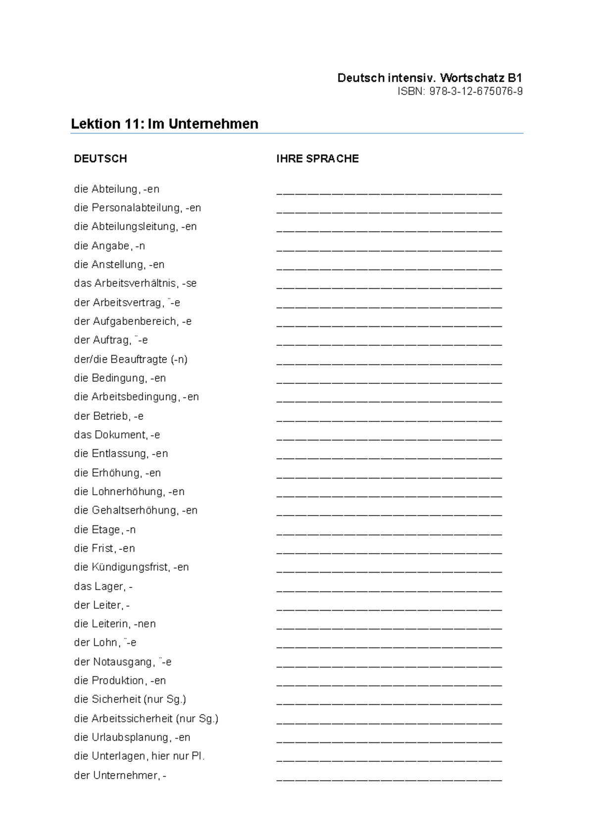 Wortschatz B1 Wortliste Lektion 11 - Deutsch Intensiv. Wortschatz B ...