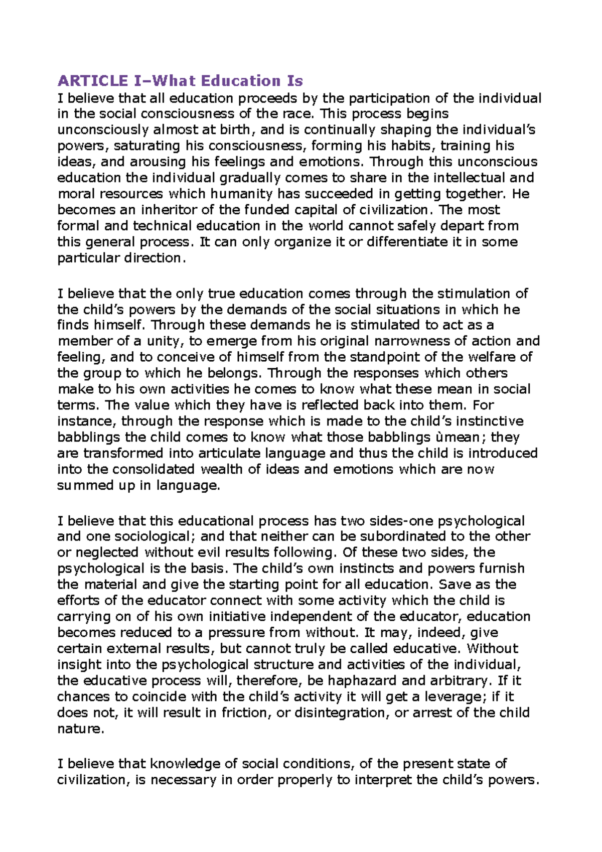 My Pedagogical Creed - Dewey - ARTICLE I–What Education Is I believe ...