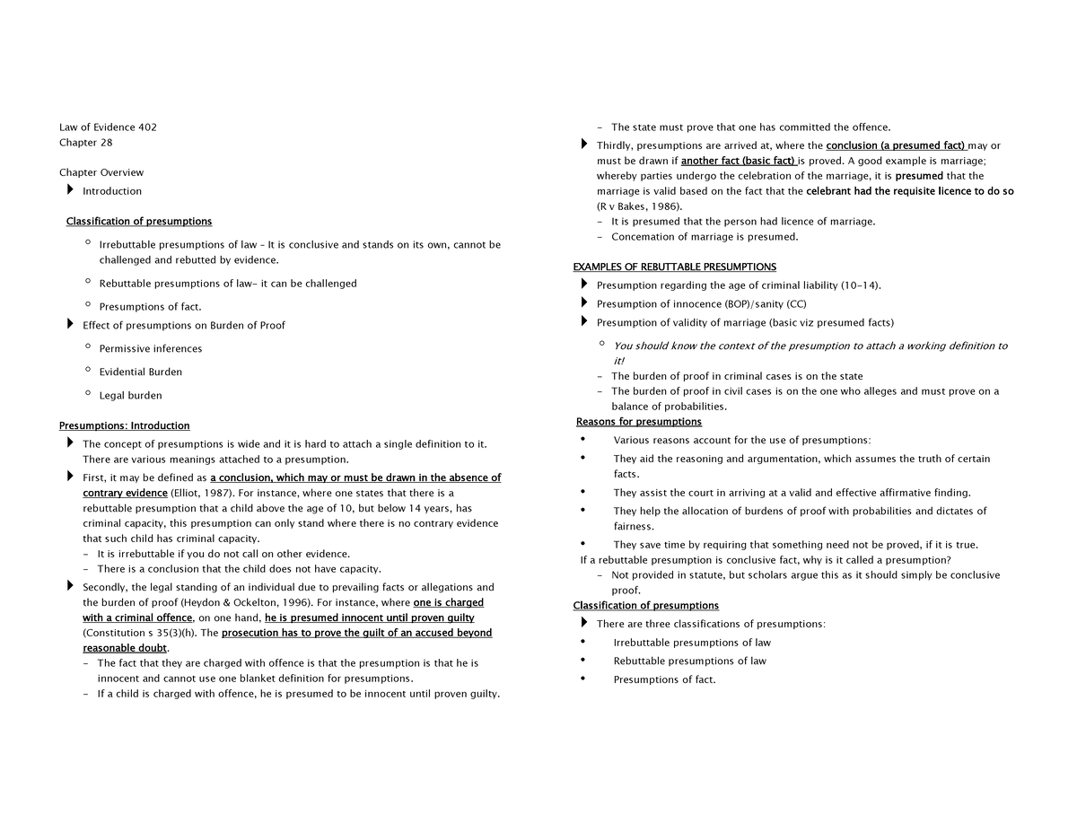 Ch 28 Presumptions - Law Of Evidence 402 Chapter 28 Chapter Overview ...