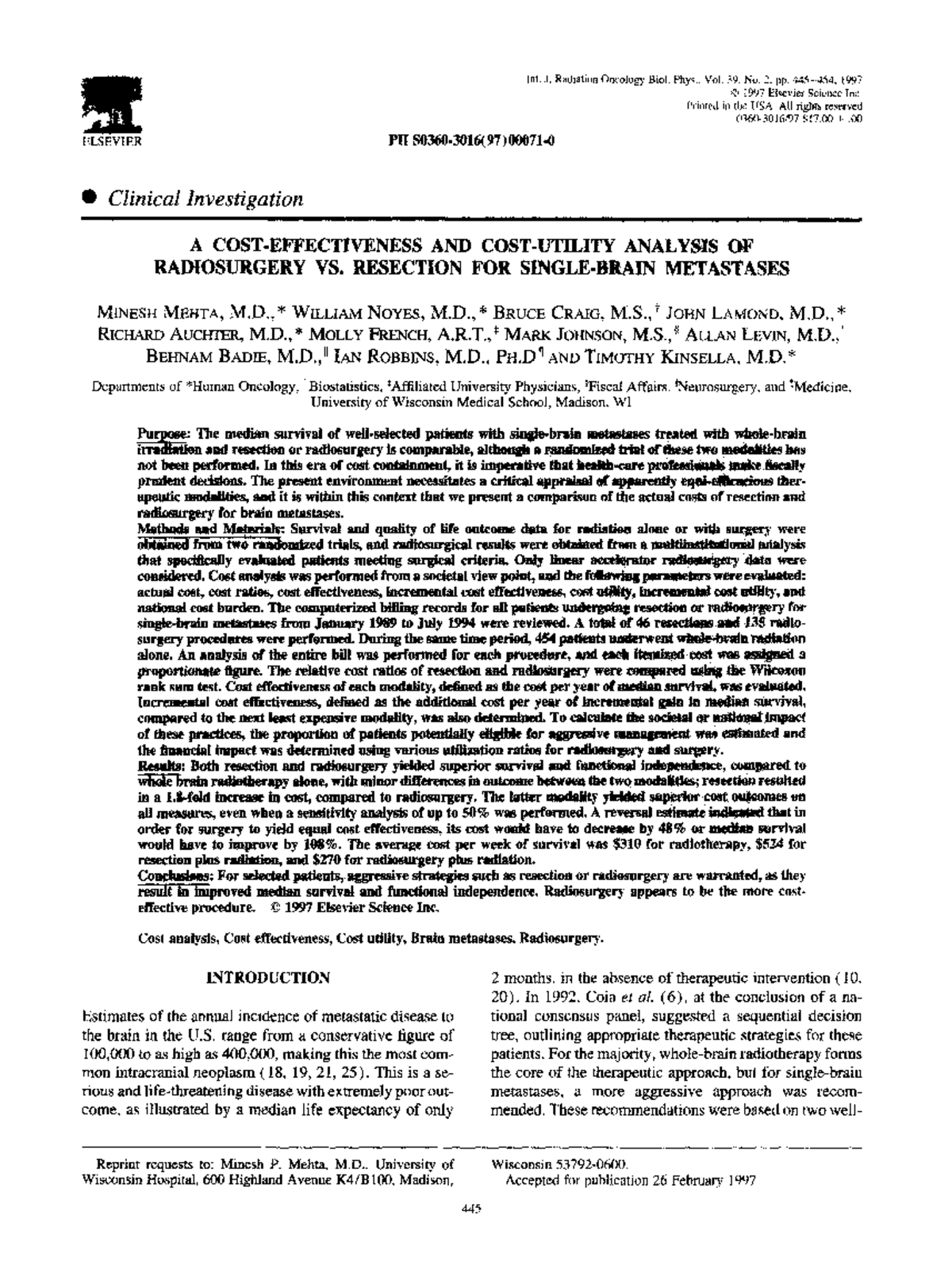 Cost comparison of radiosurgery and surg ELSEVIER l Clinical