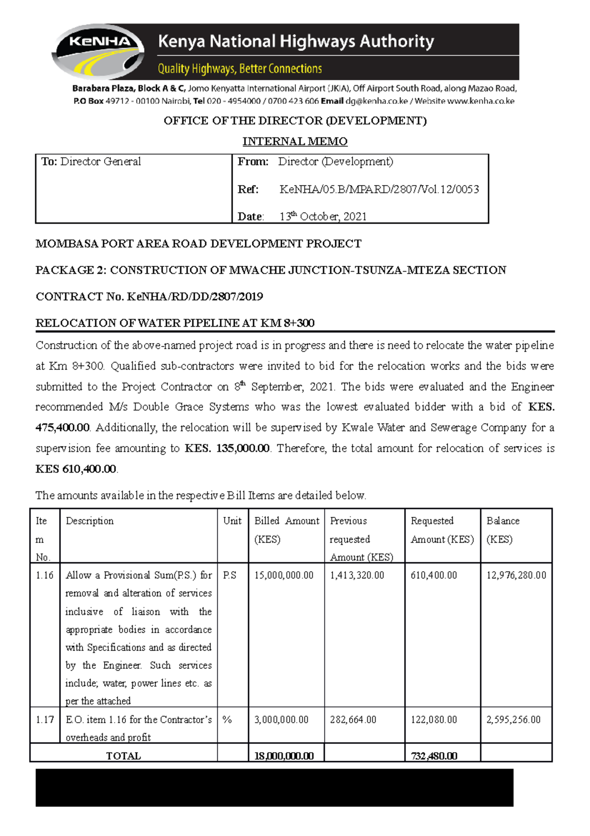 Memo to DG- Relocation of Waterpipe PK2 - OFFICE OF THE DIRECTOR ...