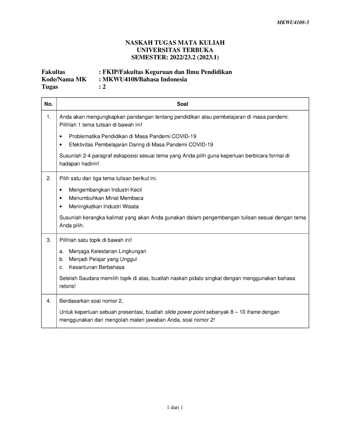 Soal Mkwu4108 Tmk2 3 - MKWU4108- 1 Dari 1 NASKAH TUGAS MATA KULIAH ...