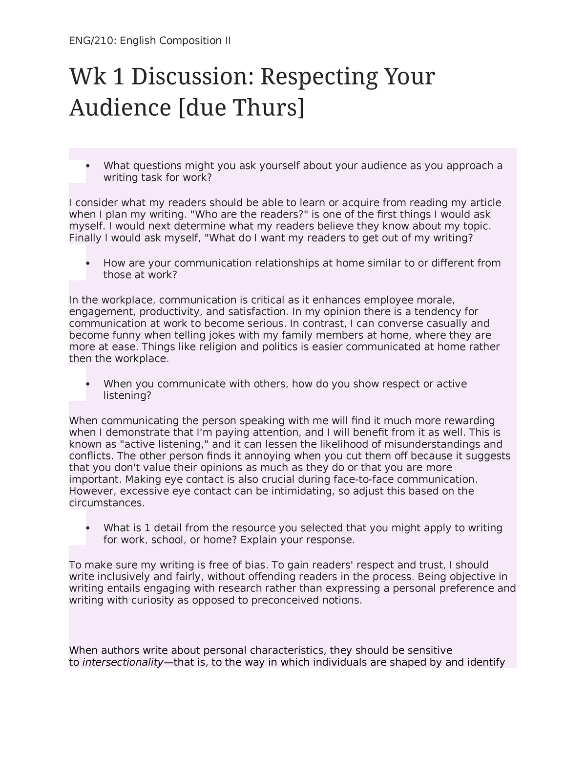 Audience - ENG/210: English Composition II Wk 1 Discussion: Respecting ...