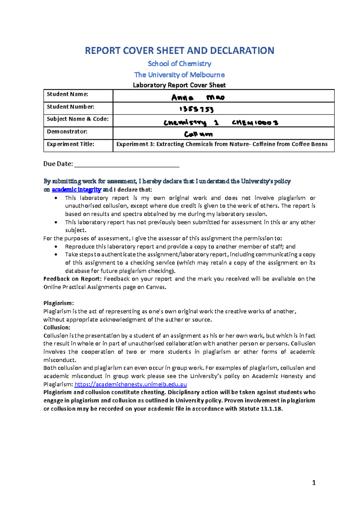 E3 Report 'Extracting Caffeine' 19.5/20 - REPORT COVER SHEET AND ...