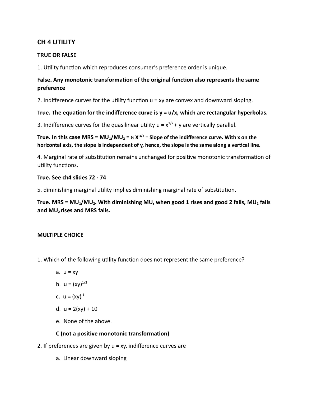 CH 4 Utility answers CH 4 UTILITY TRUE OR FALSE Utility function