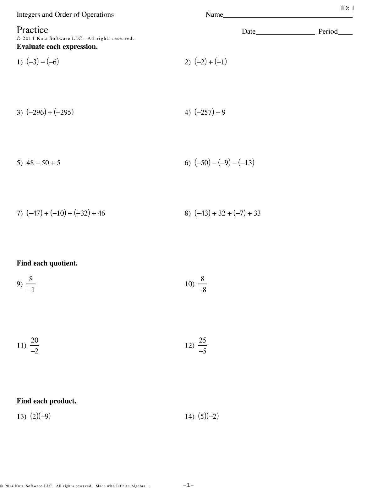 Integers and Order of Operations Practice - ©K H 2 y 0 s 1 b 48 0 K 0 ...