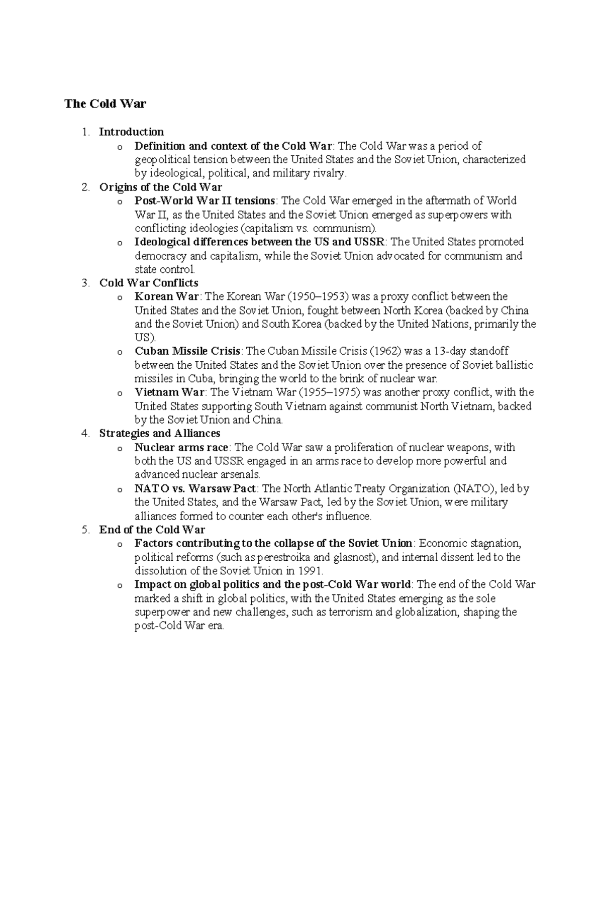 The Cold War - The Cold War - The Cold War 1. Introduction o Definition