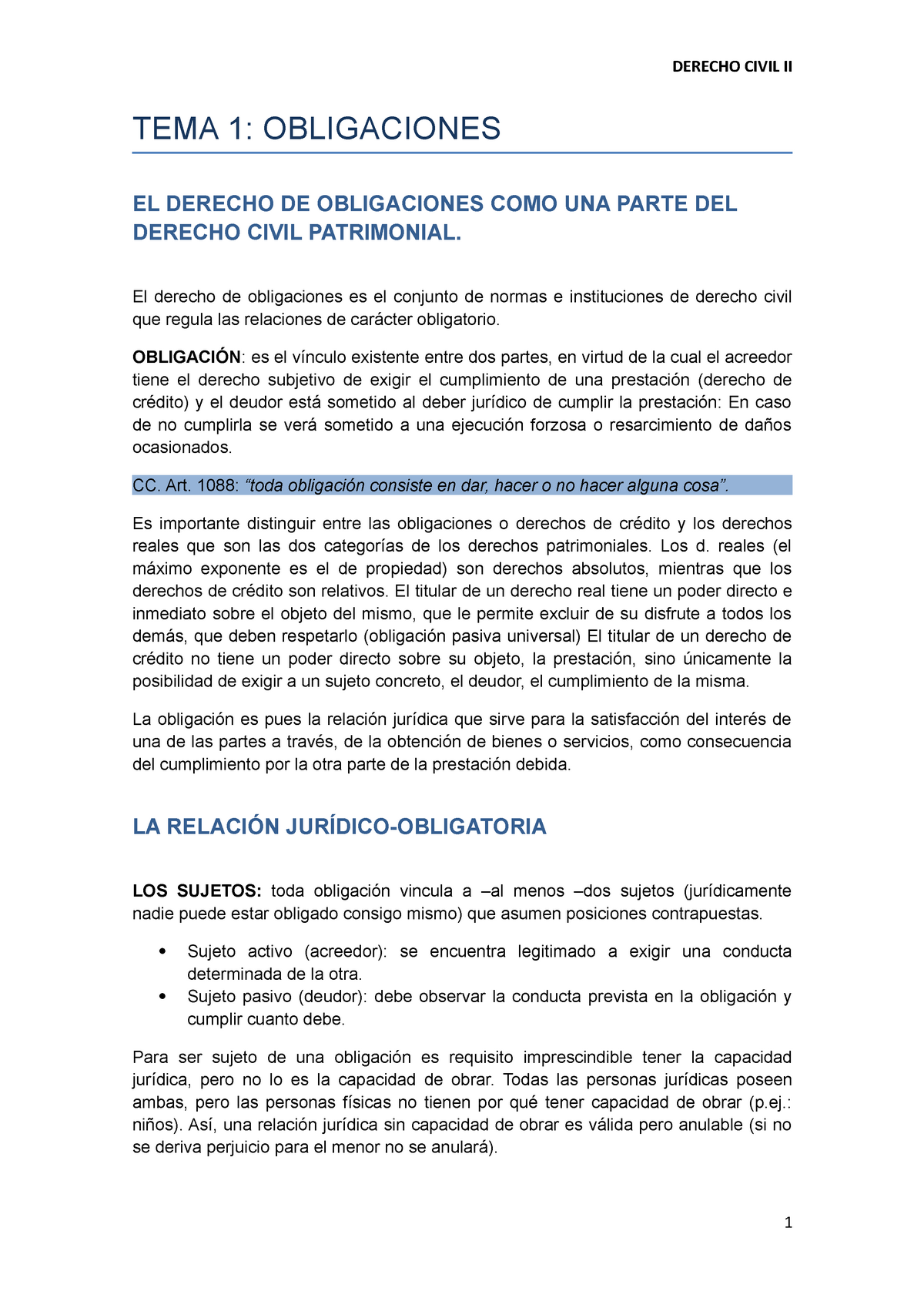 Resumen Civil II LA Obligacion DERECHO CIVIL II TEMA OBLIGACIONES EL DERECHO DE