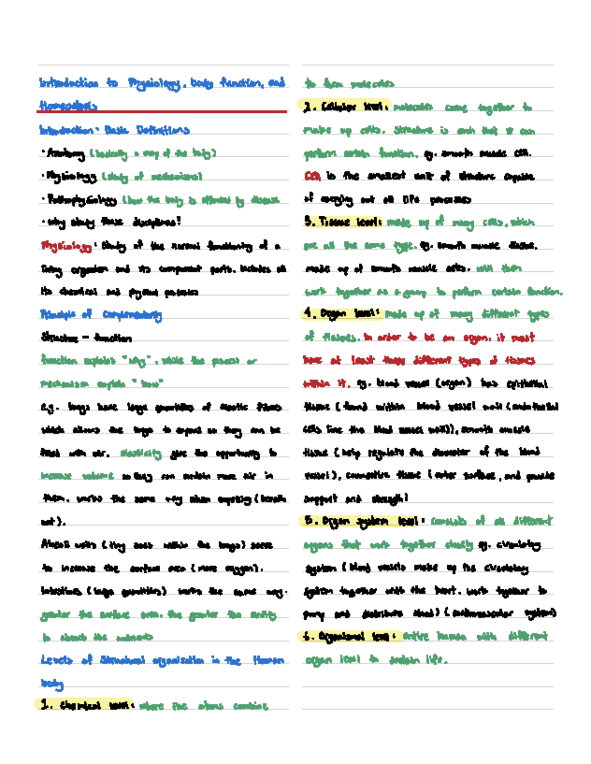 Wk 1 Notes - Introduction to Physiology , body function , and to form ...