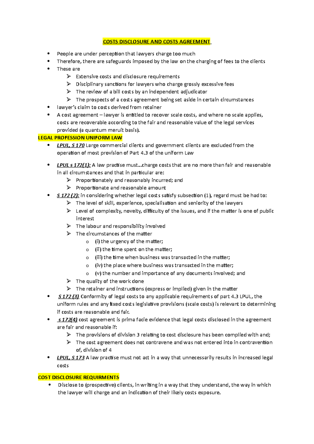 Costs disclosure & Costs agreement 200020 UWS Studocu