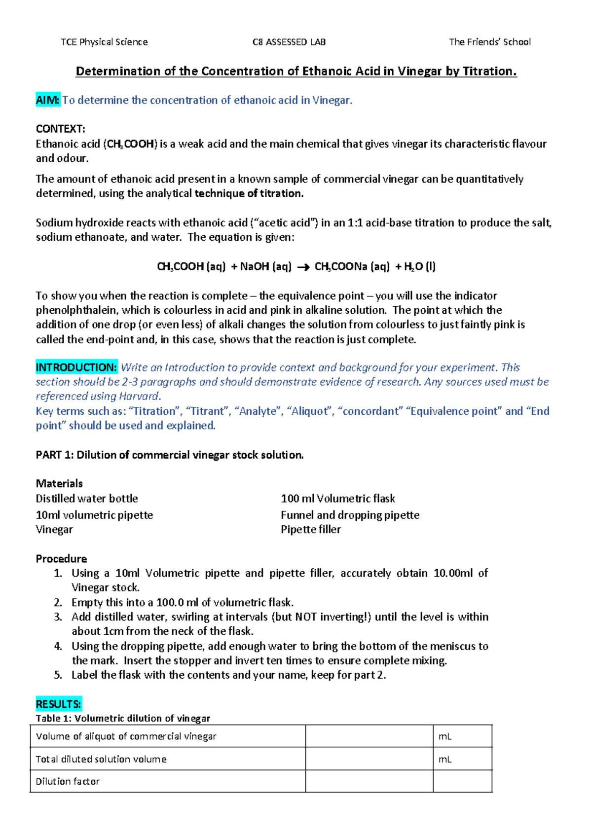 Titration lab lab report Determination of the Concentration of
