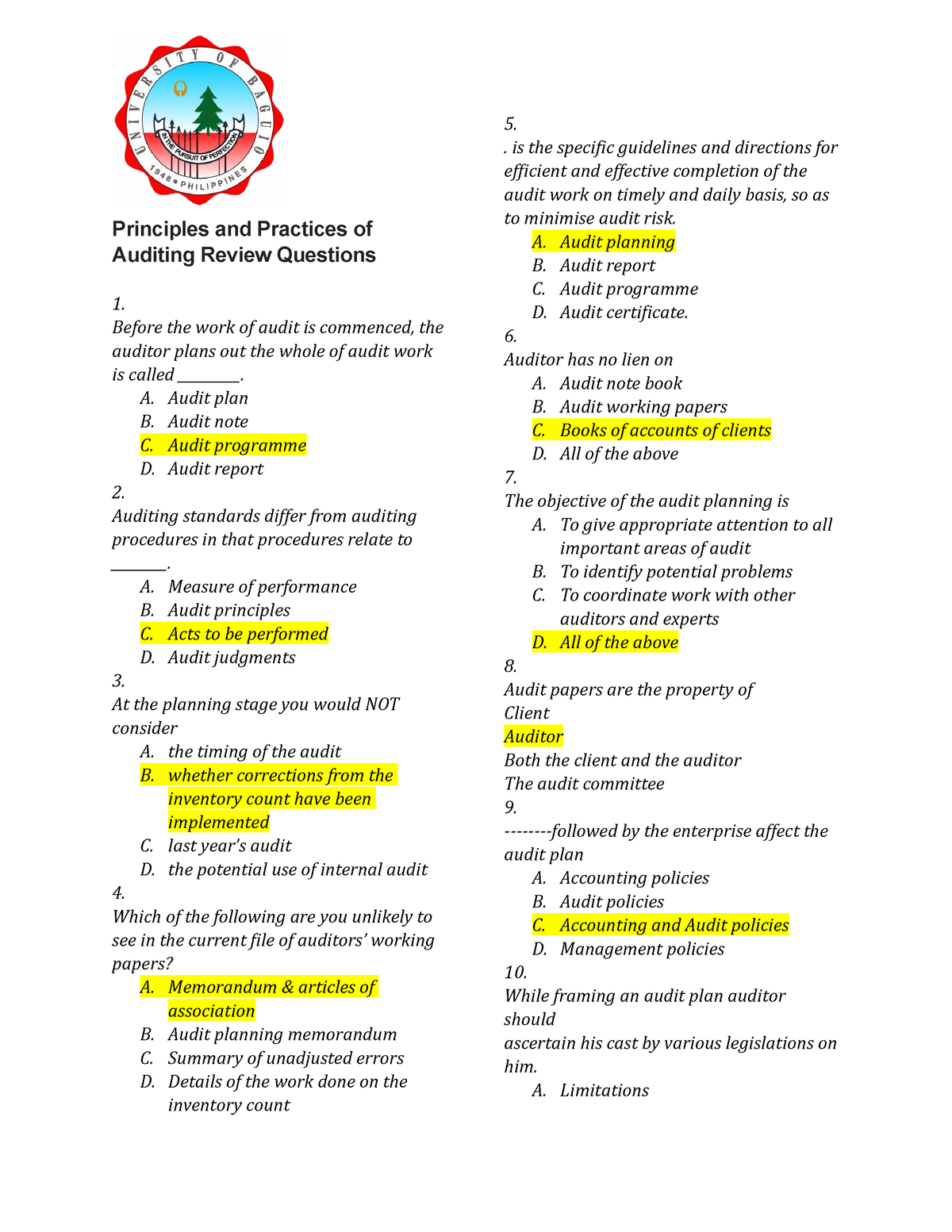 Principles And Practices Of Auditing Review Questions - Before The Work ...