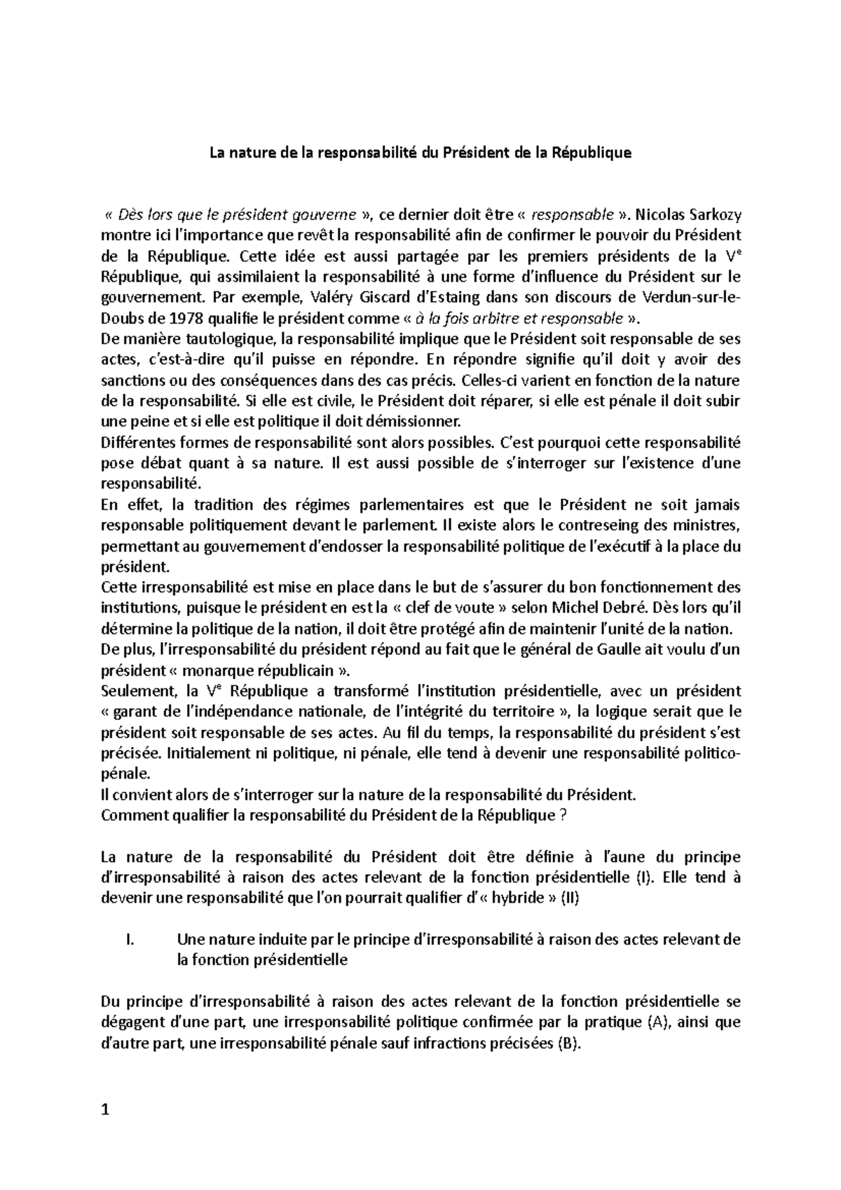 La Responsabilité Politique Du Président De La République Dissertation