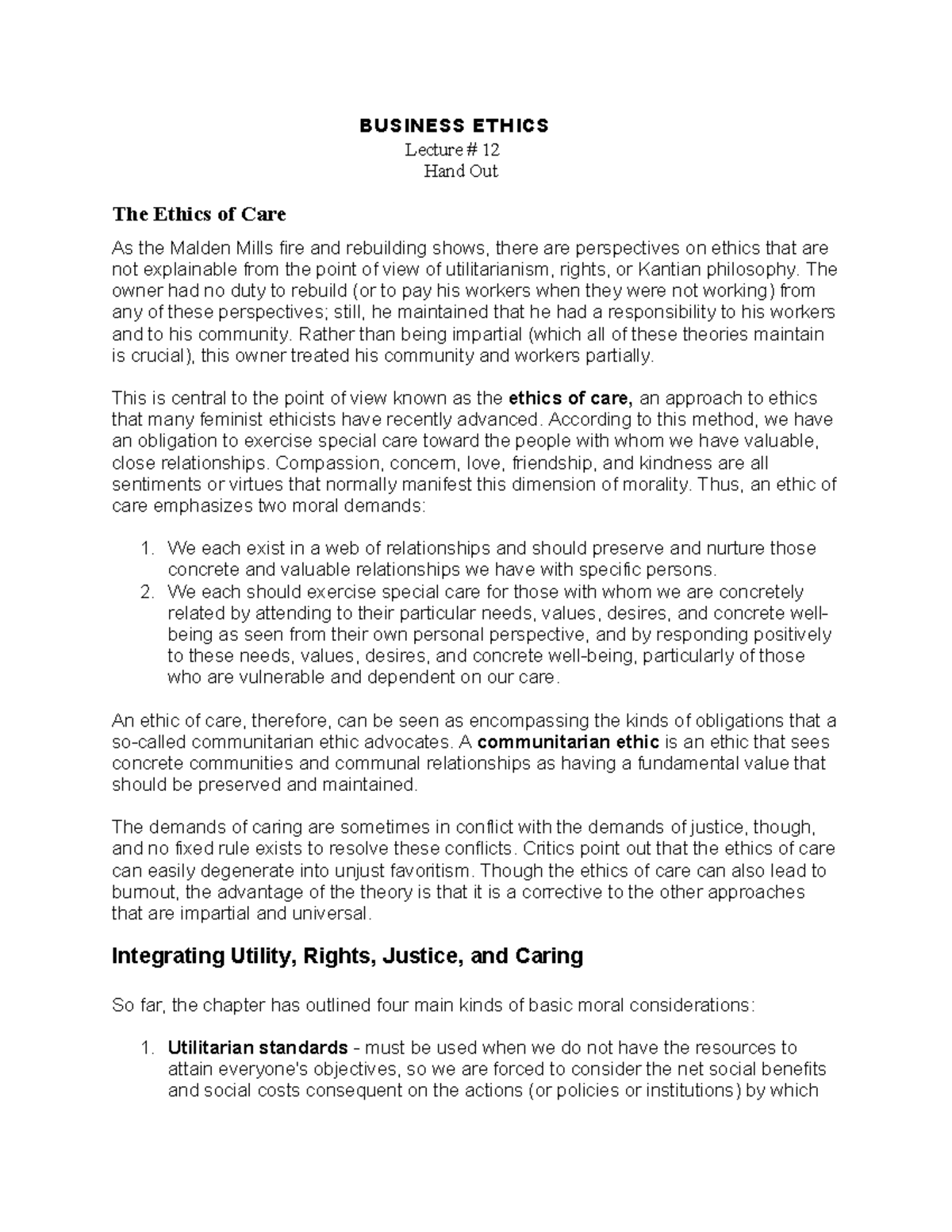 Lecture 12 Ethics of care BUSINESS ETHICS Lecture 12 Hand Out The