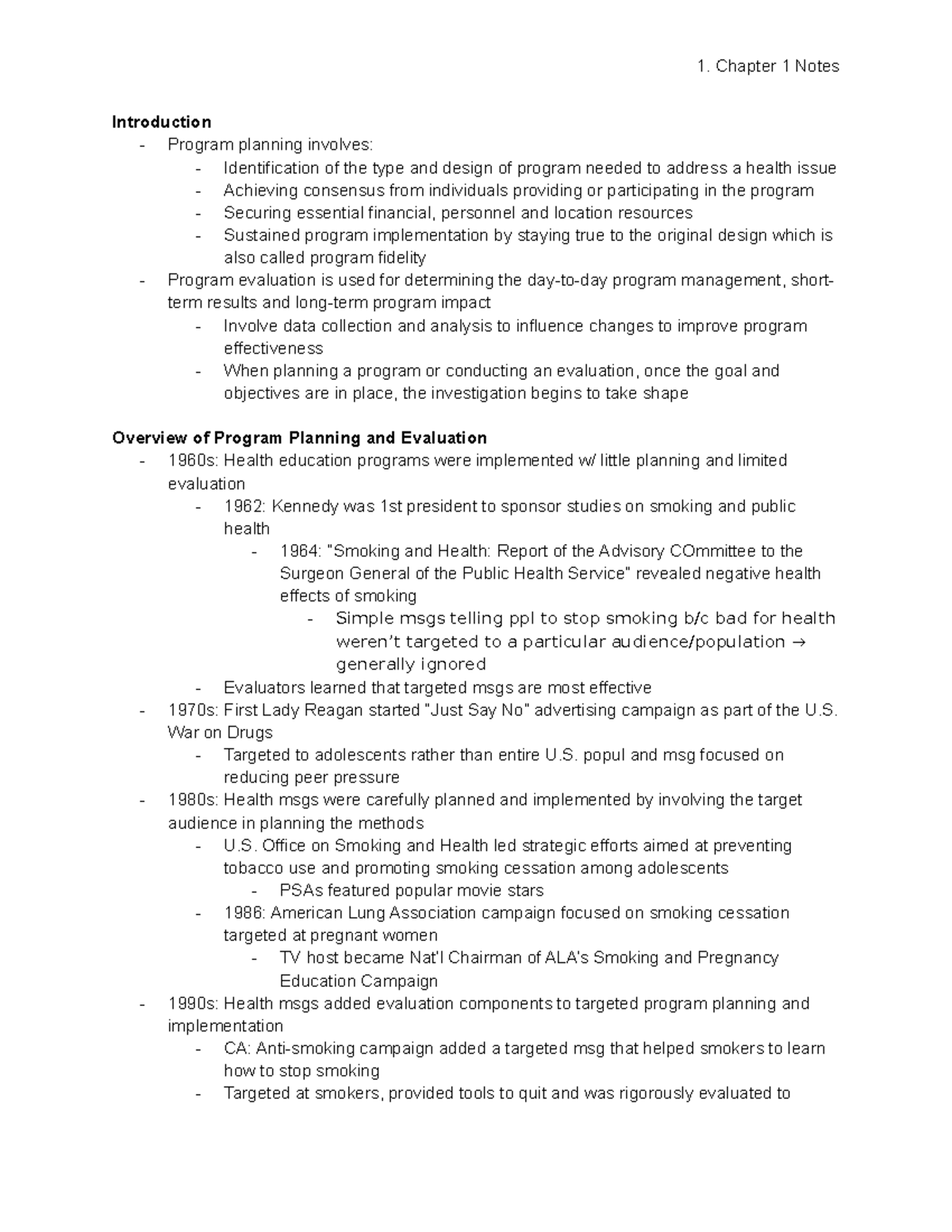 Chapter 1 Notes: Program Planning and Evaluation - Studocu