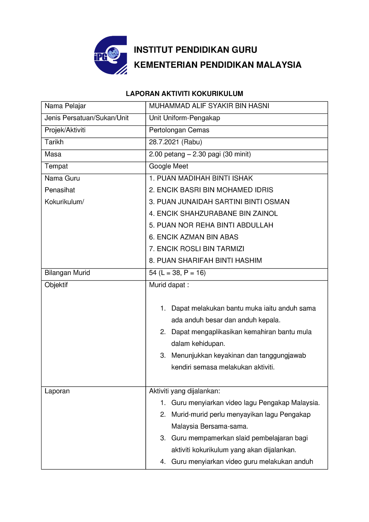 Laporan Aktiviti Kokurikulum Institut Pendidikan Guru Kementerian Pendidikan Malaysia Laporan 0342