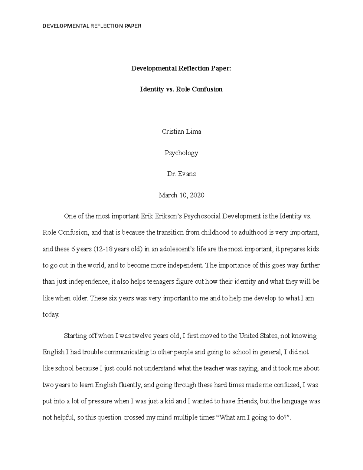 Developmental Reflection Paper - Developmental Reflection Paper ...