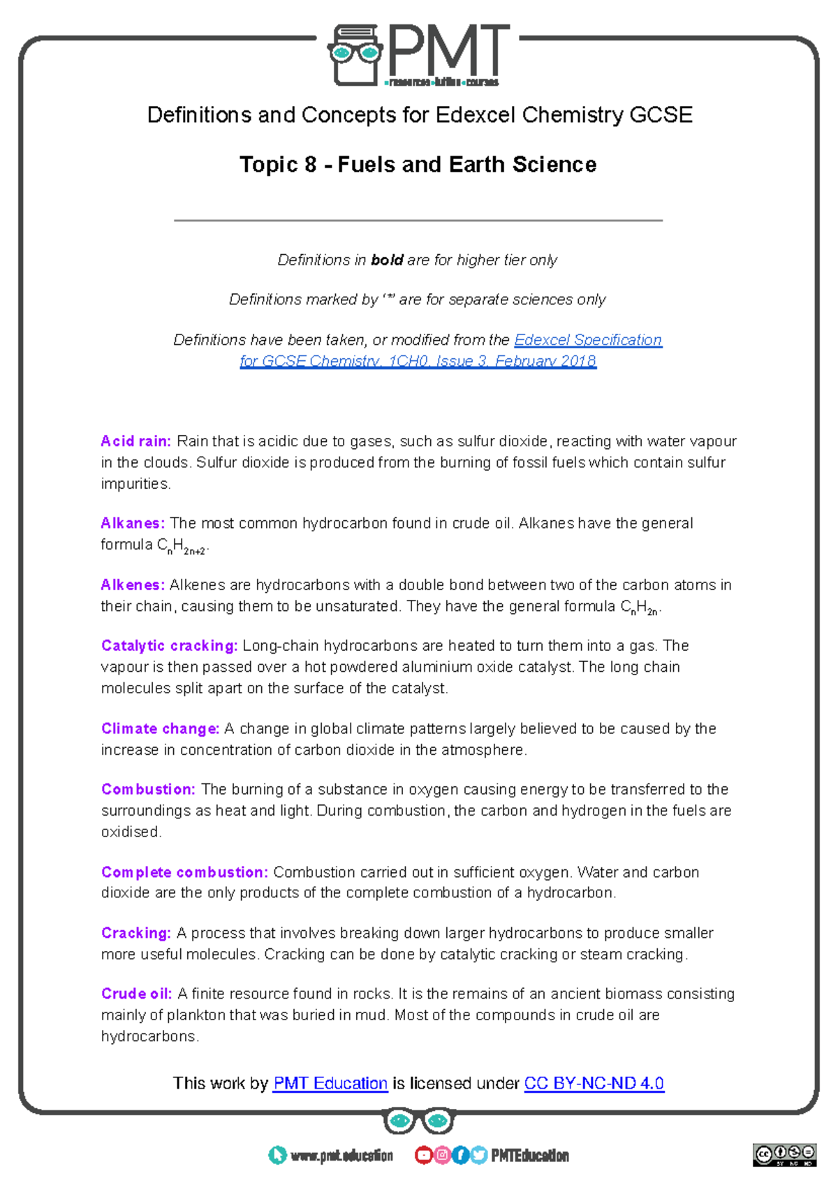 Definitions Topic 8 Fuels and Earth Science Edexcel Chemistry GCSE