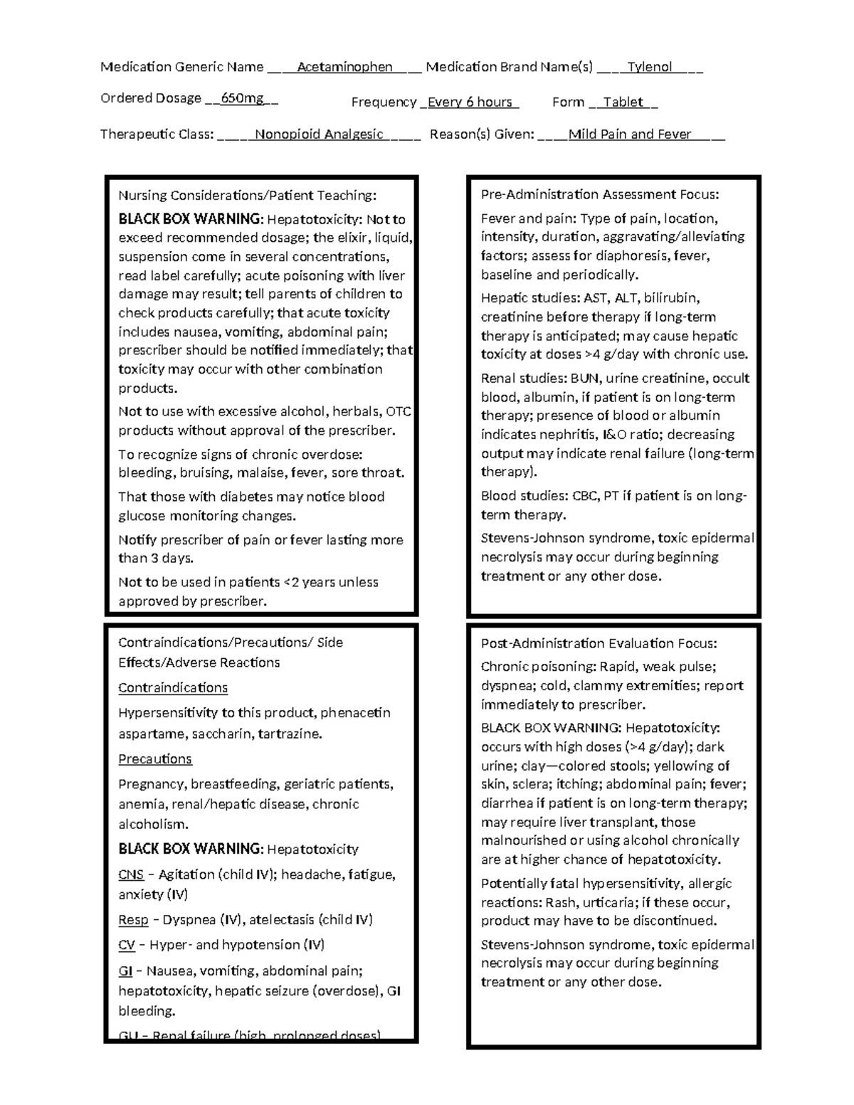 Acetaminophen Drug cards Nursing Considerations/Patient Teaching BLACK BOX WARNING Studocu