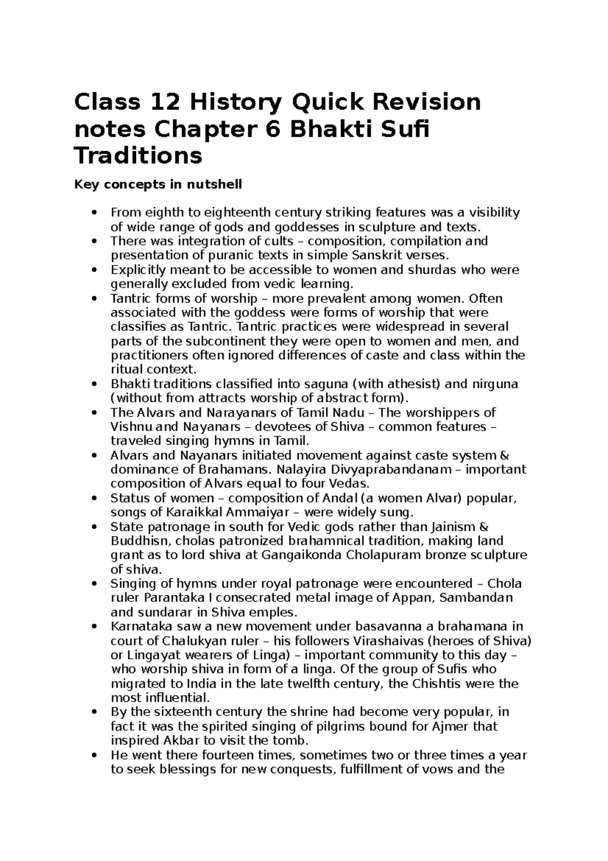 class-12-history-quick-revision-notes-chapter-6-bhakti-sufi-traditions