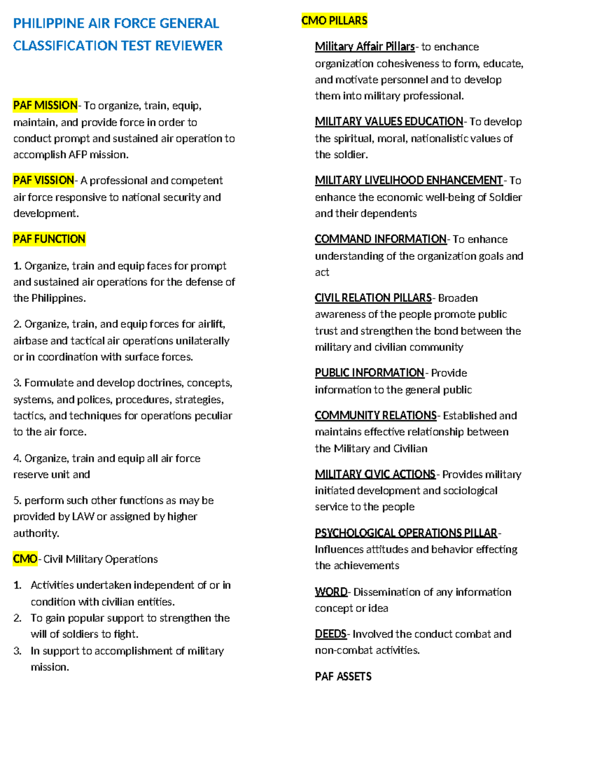 Philippine Air Force. Classification Test(PAFGCT) PHILIPPINE AIR