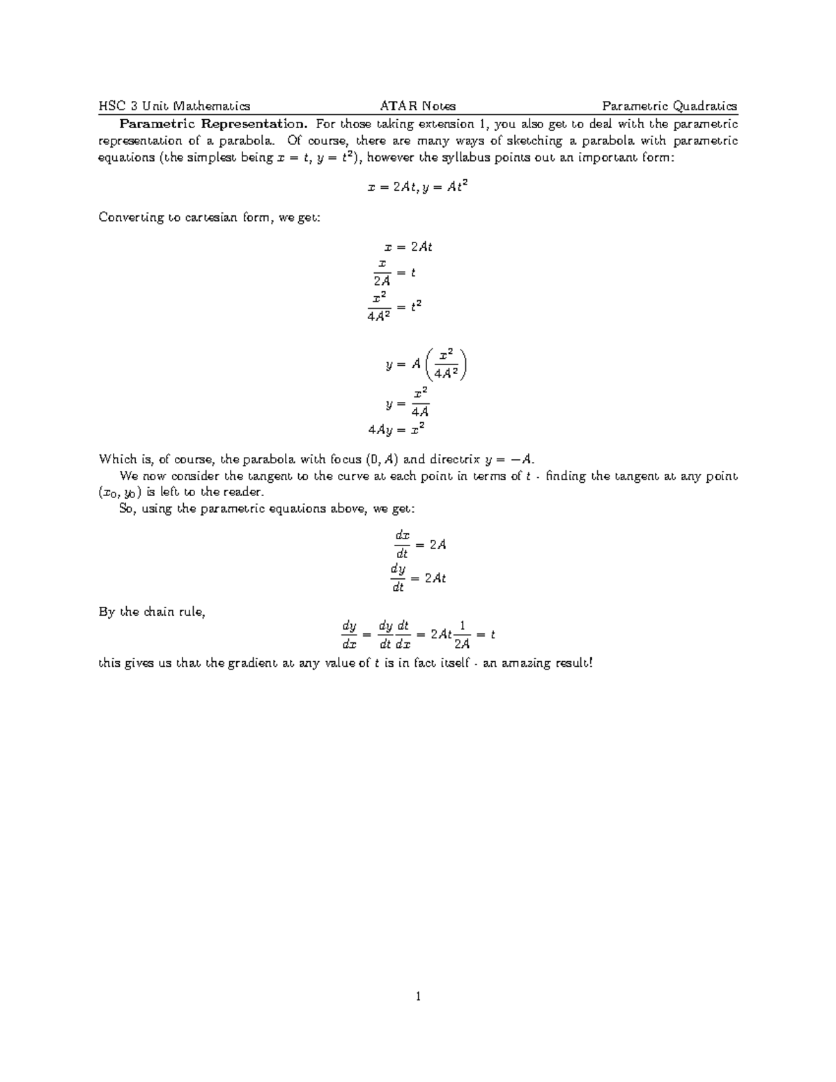 Parametric equations - Notes - HSC 3 Unit Mathematics ATAR Notes ...